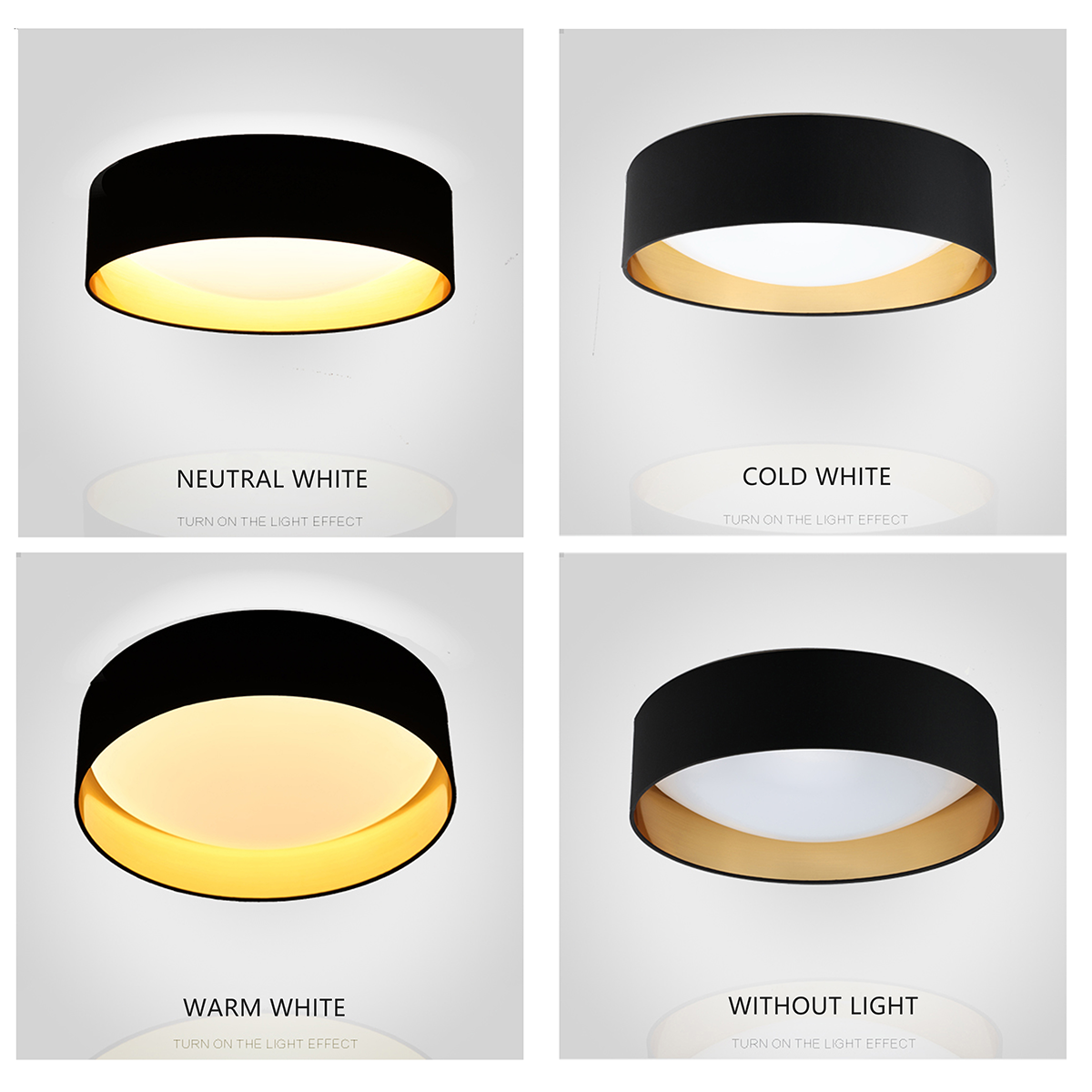 Cuatro imágenes que muestran una lámpara de techo con diferentes configuraciones de luz: blanco neutro, blanco frío, blanco cálido y apagado.
