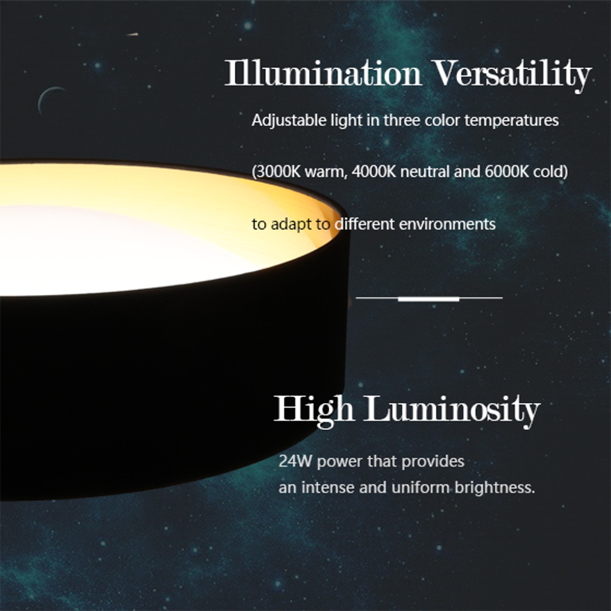Lámpara negra y dorada con interior brillante. Texto indica temperaturas de luz ajustables y alta luminosidad.