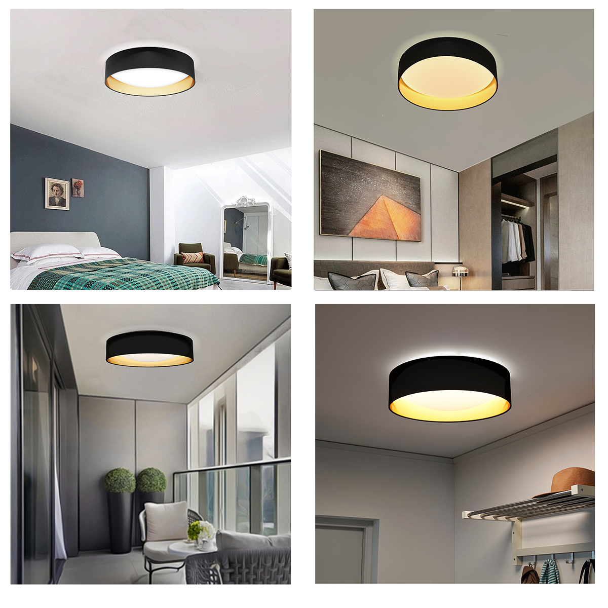 Cuatro imágenes muestran una lámpara de techo en blanco y negro en diferentes habitaciones. La luz es circular y tiene un brillo amarillo.
