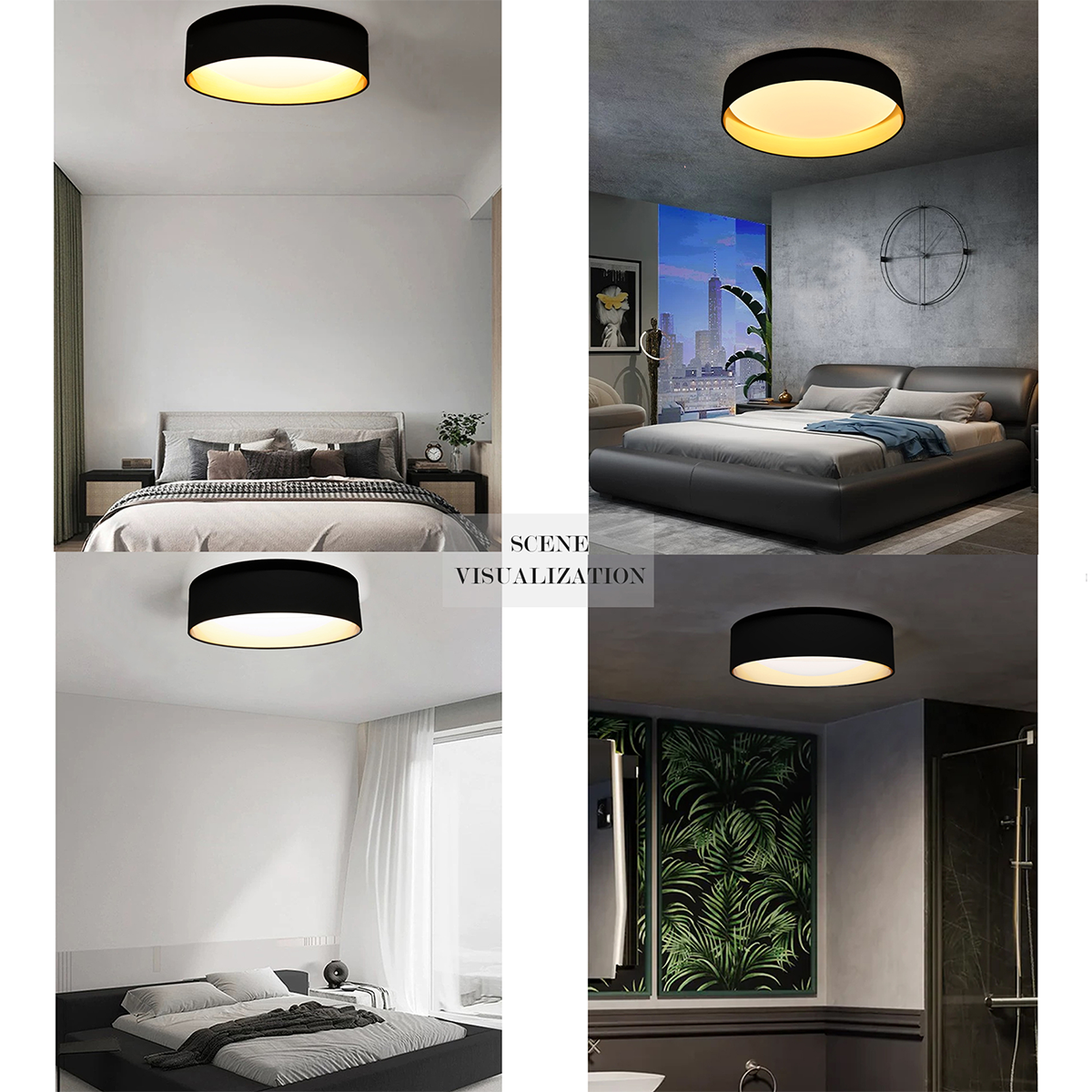 Cuatro imágenes muestran una lámpara de techo en blanco y negro en diferentes entornos de dormitorio. La luz es circular.