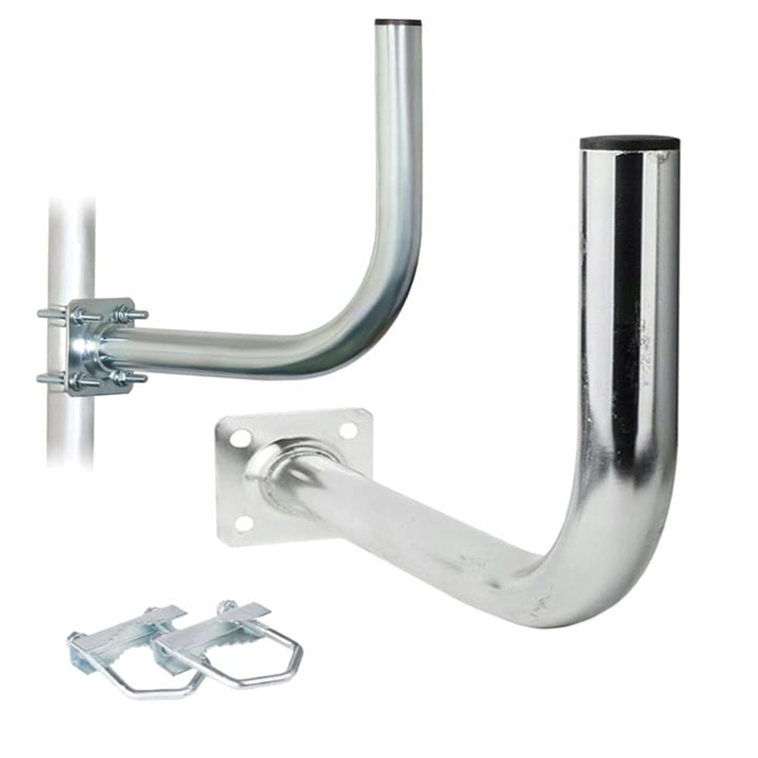 Dwa srebrne uchwyty anteny satelitarnej, jeden przymocowany do słupa. Dwa metalowe wsporniki poniżej.