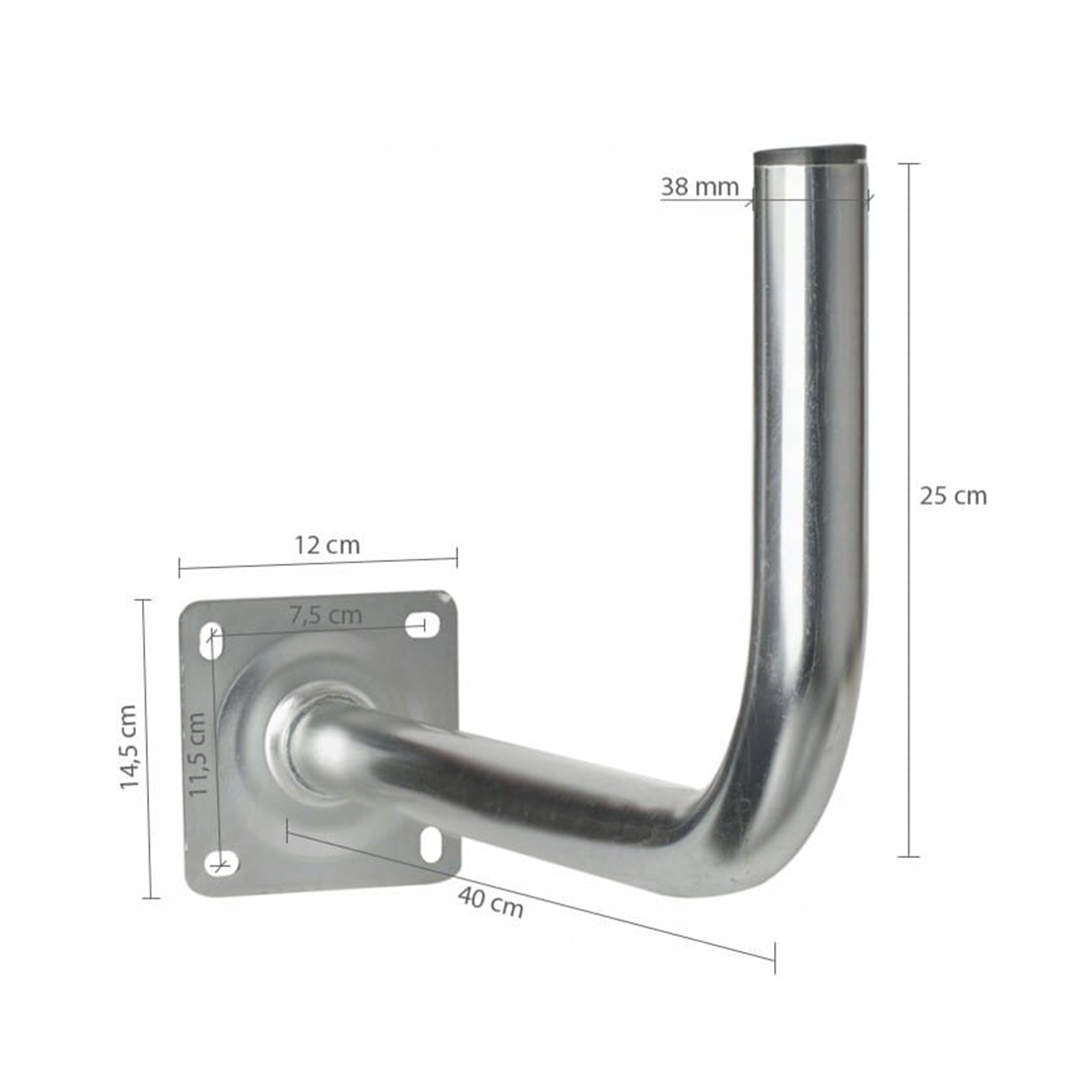Srebrny uchwyt antenowy, w kształcie haka, z zaznaczonymi wymiarami. Płyta jest po lewej stronie.
