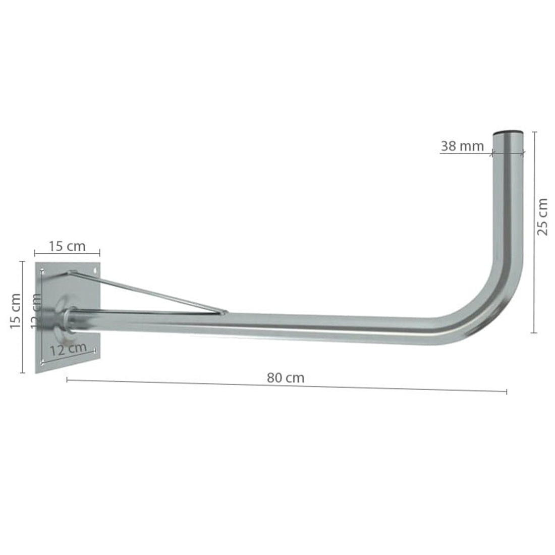 Metalowy wspornik w kształcie litery J z wymiarami. Podstawa 15 cm x 12 cm, długość 80 cm, sekcja górna 38 mm x 25 cm.