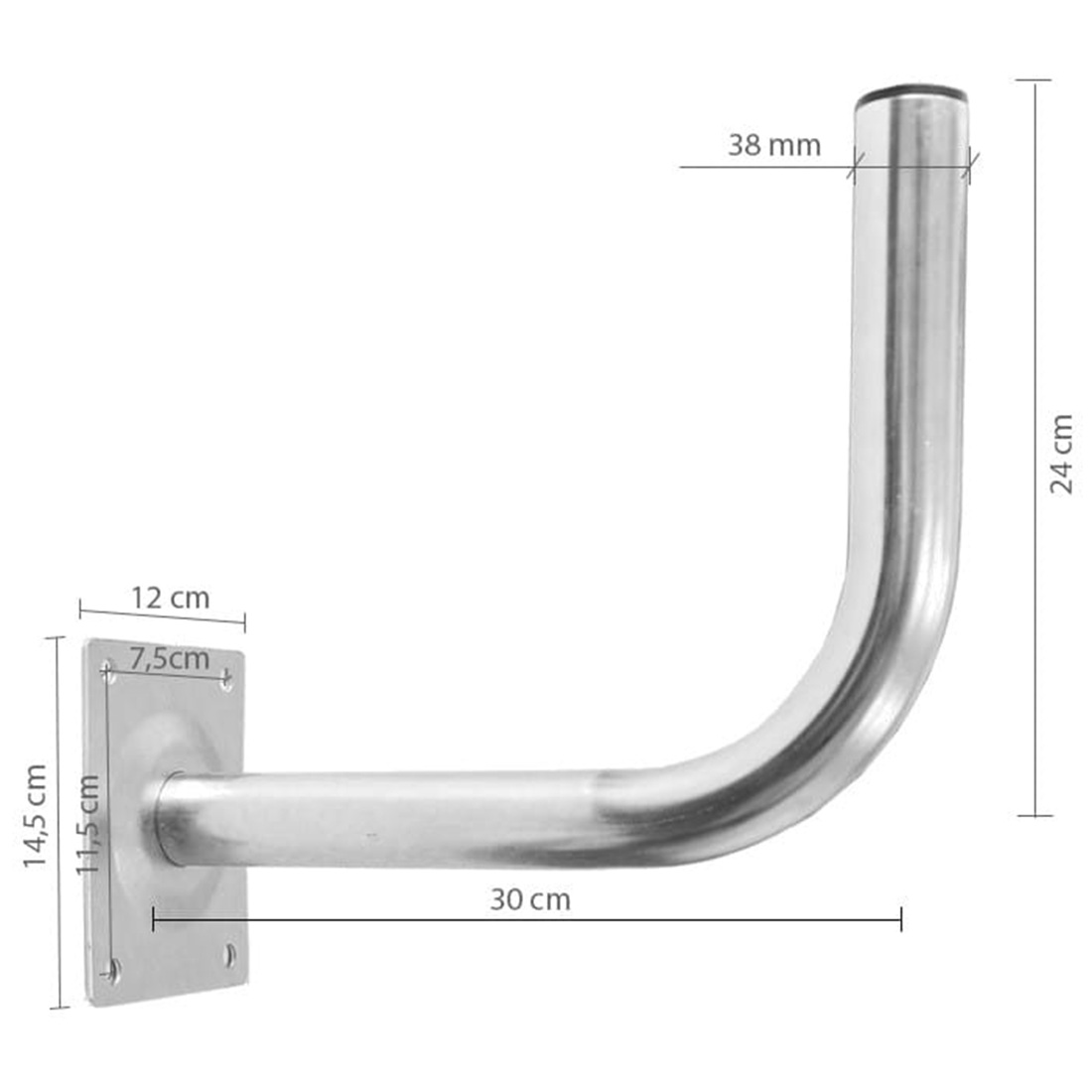 Srebrny uchwyt antenowy, w kształcie haka, z zaznaczonymi wymiarami. Płyta jest po lewej stronie.