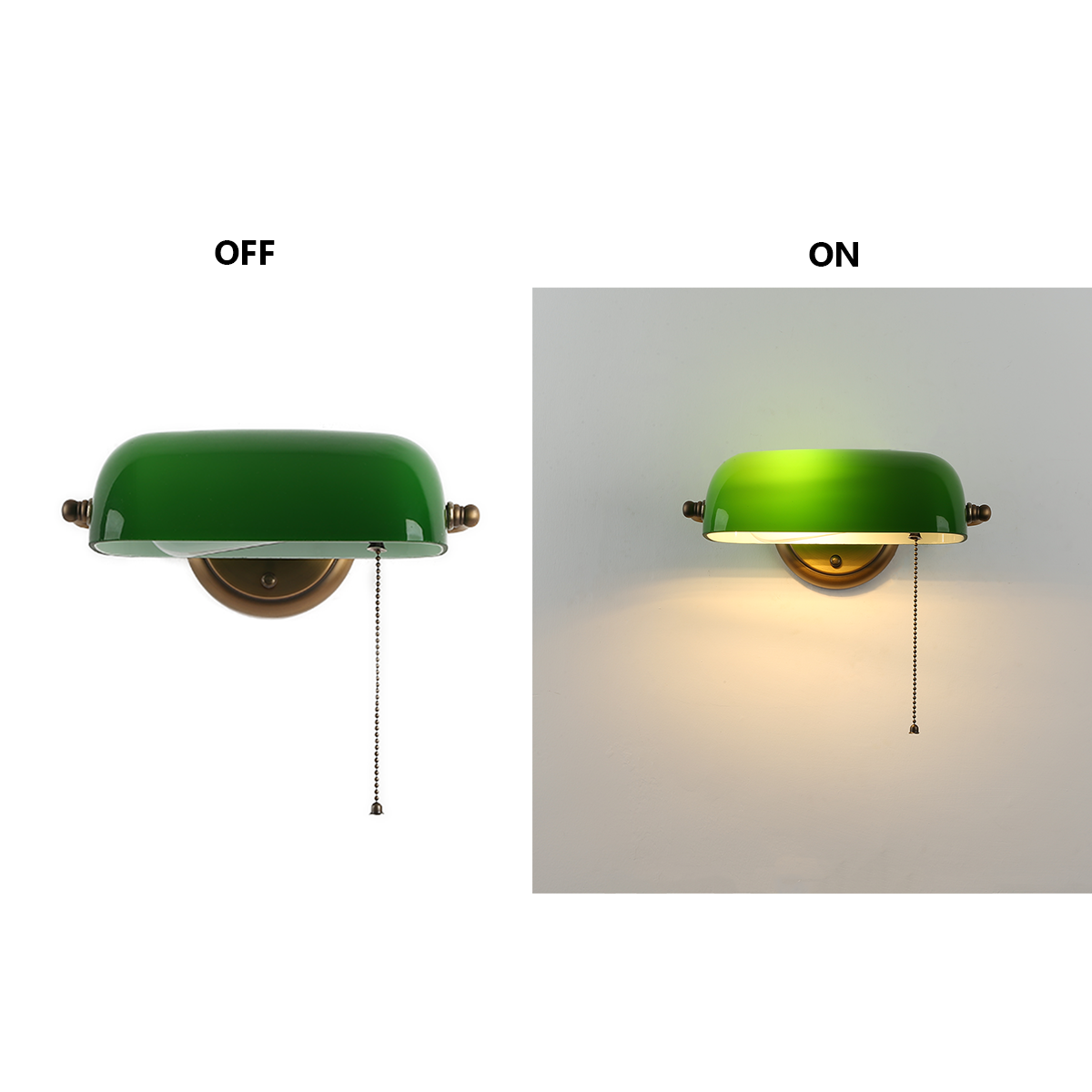 Dos imágenes: Una lámpara de banco con sombra verde, apagada y encendida. La imagen encendida muestra un brillo cálido y acogedor.