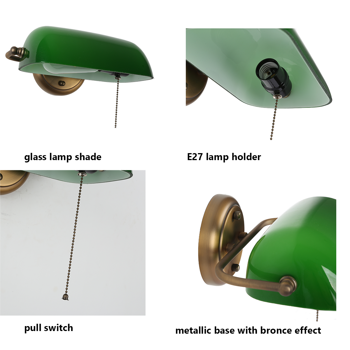 Lámpara verde con interruptor de cadena, base metálica y pantalla de cristal. Detalles del portalámparas E27.