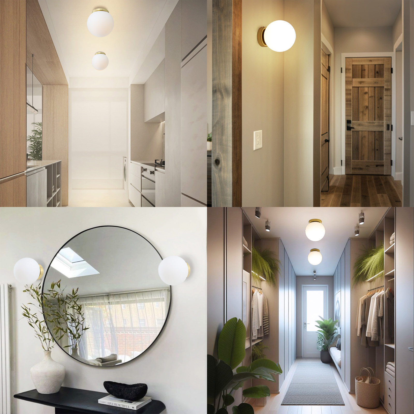 Cuatro imágenes que muestran habitaciones con luces: pasillo, baño, vestidor y cocina moderna.