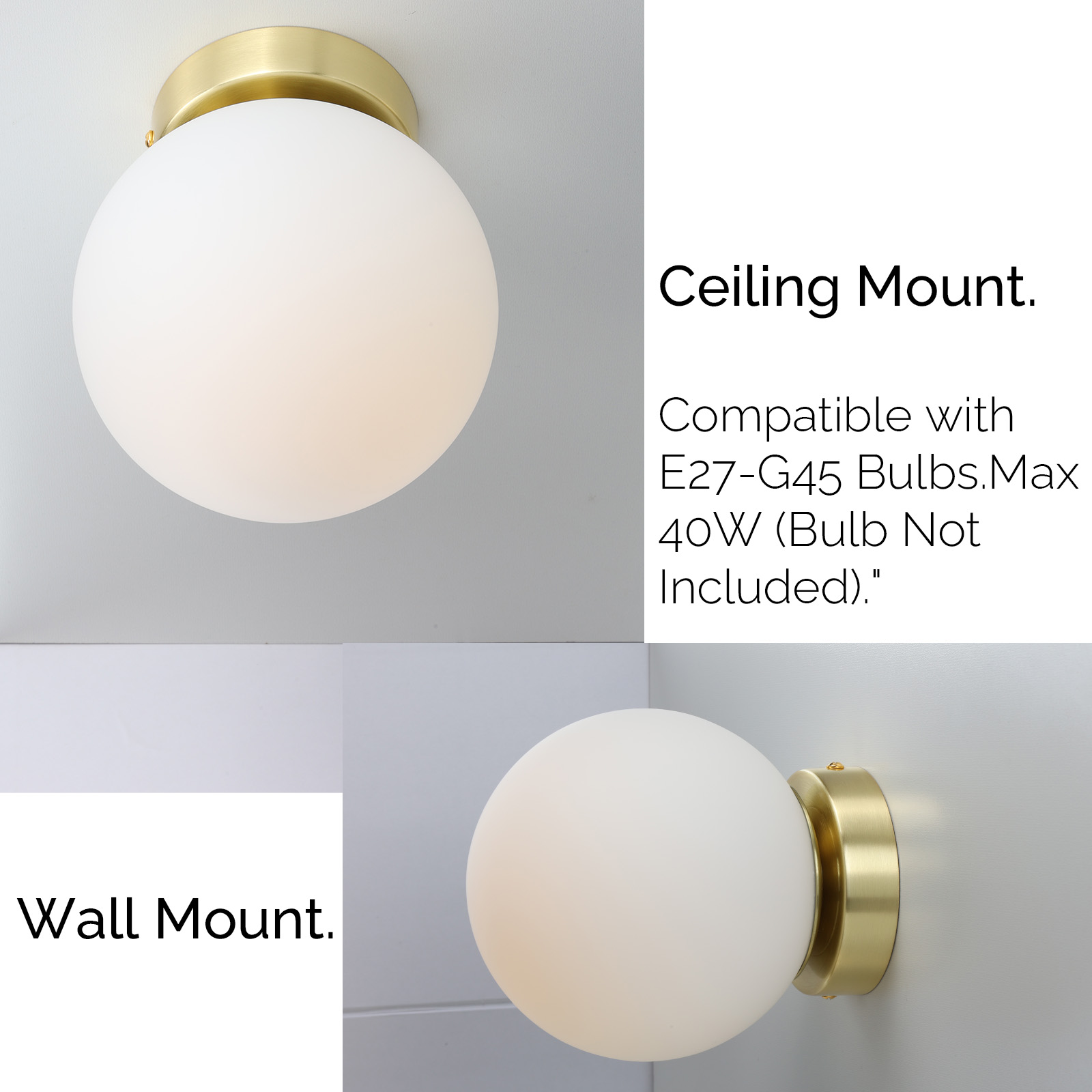 Dos imágenes de una lámpara de globo blanco. El texto indica que es un accesorio de techo o pared.