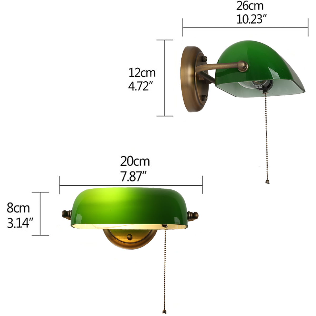 Diagrama de lámpara verde con dimensiones: 26cm, 20cm, 12cm, 8cm.