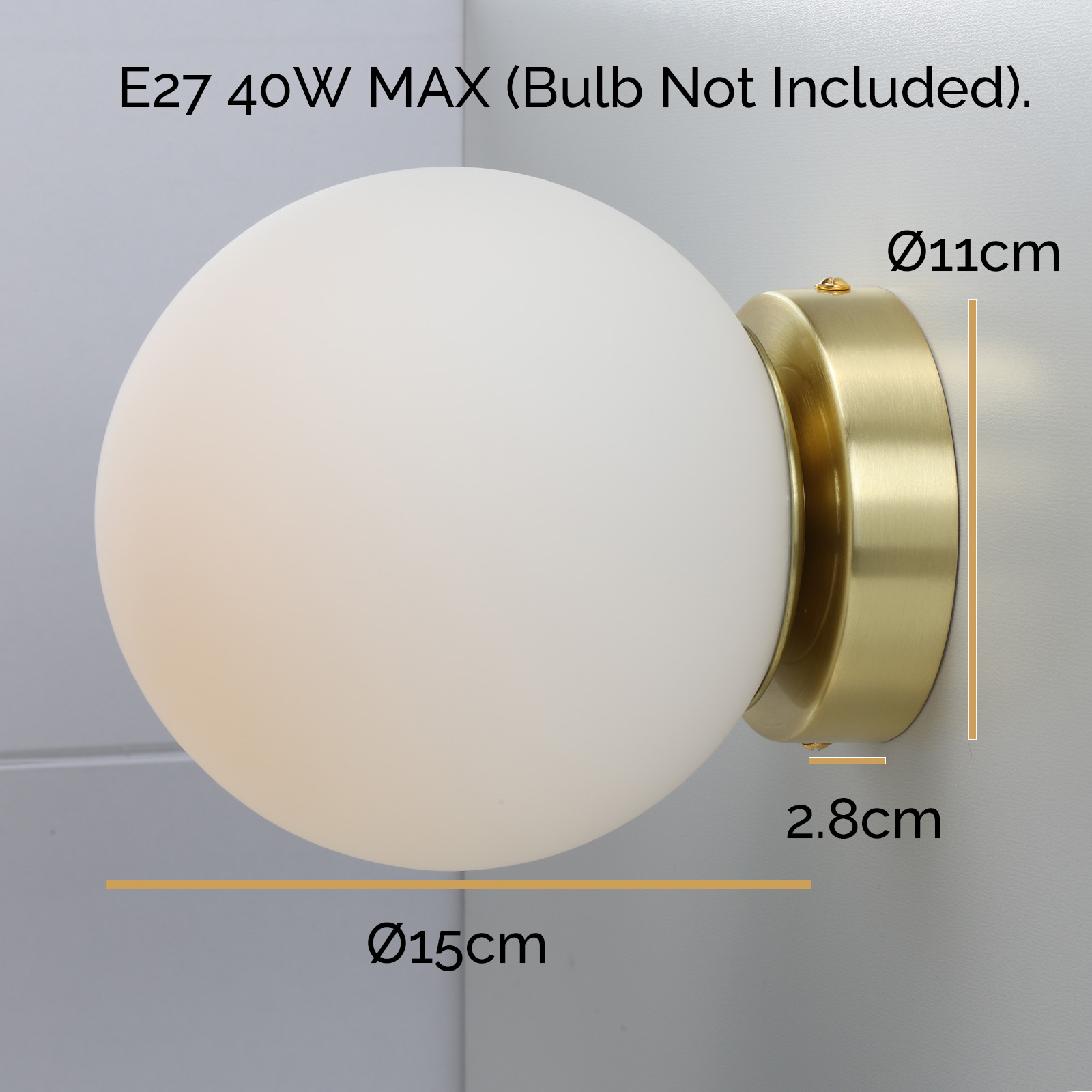 Una lámpara de globo blanco. Se muestran las dimensiones: 11 cm de diámetro, 15 cm de largo y 2,8 cm de profundidad.
