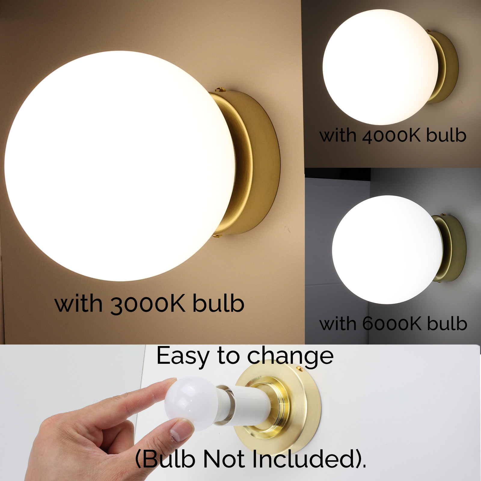 Se muestran tres luces redondas con diferentes temperaturas de color. Una está siendo cambiada por una mano.