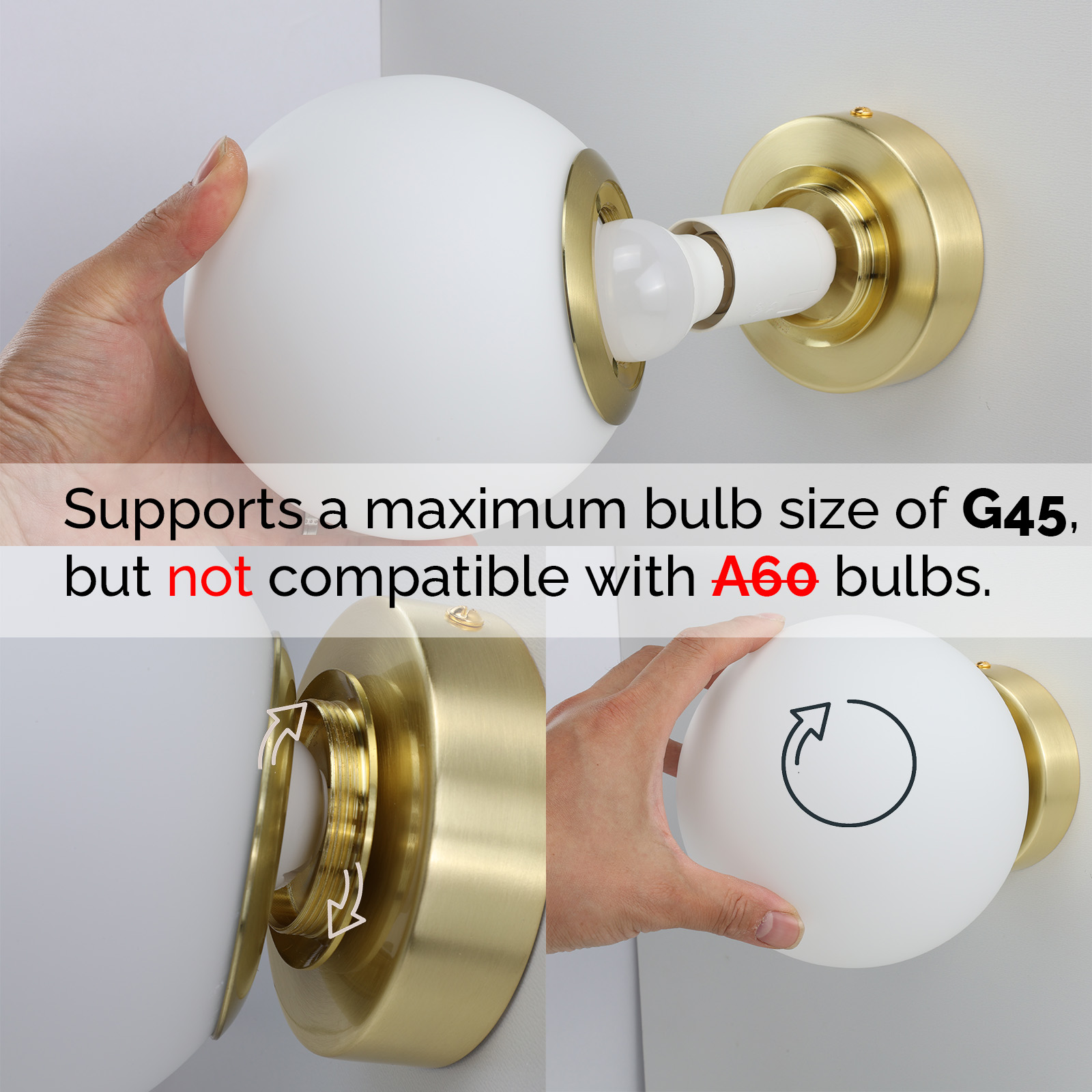 Manos instalando una bombilla en una lámpara de globo blanco. La lámpara está montada en la pared.
