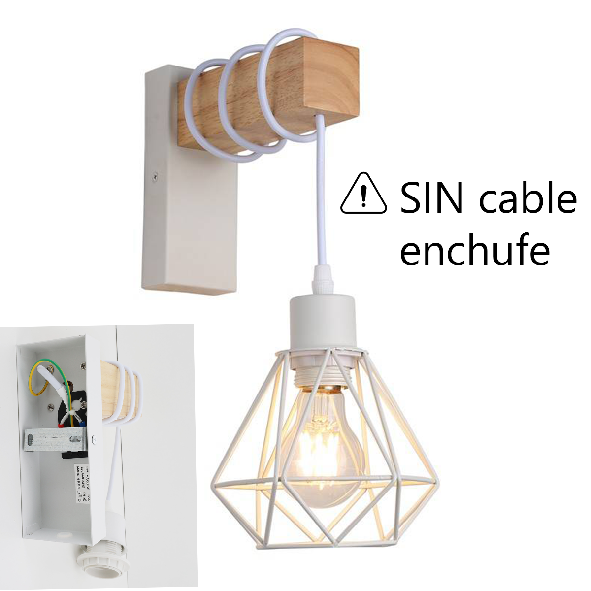 Una lámpara de pared con parte superior de madera blanca y pantalla de jaula metálica con bombilla, con señal de advertencia.