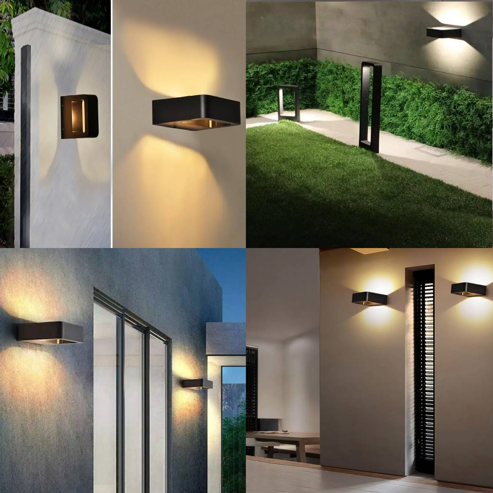 Un collage de luces exteriores en varios entornos. Diseños modernos, con luz brillando en paredes y caminos.