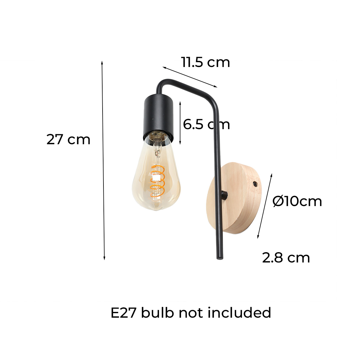 Lámpara de pared con medidas: 27cm altura, 11.5cm ancho, brazo negro y bombilla. Bombilla E27 no incluida.