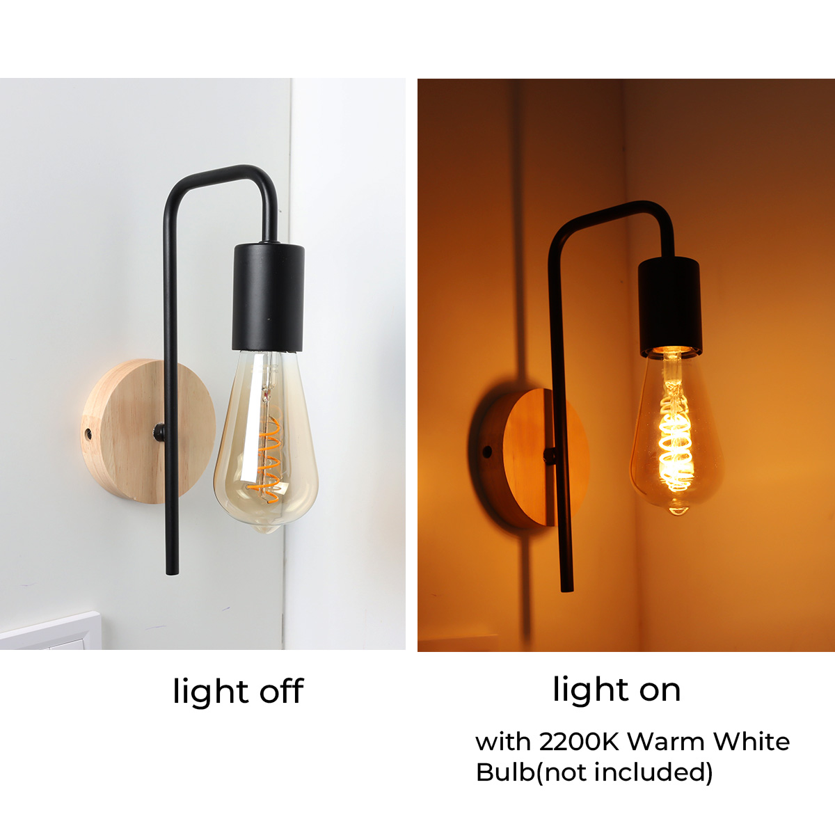 Dos imágenes de una lámpara de pared: luz apagada y luz encendida. La lámpara tiene base de madera y brazo negro con bombilla.