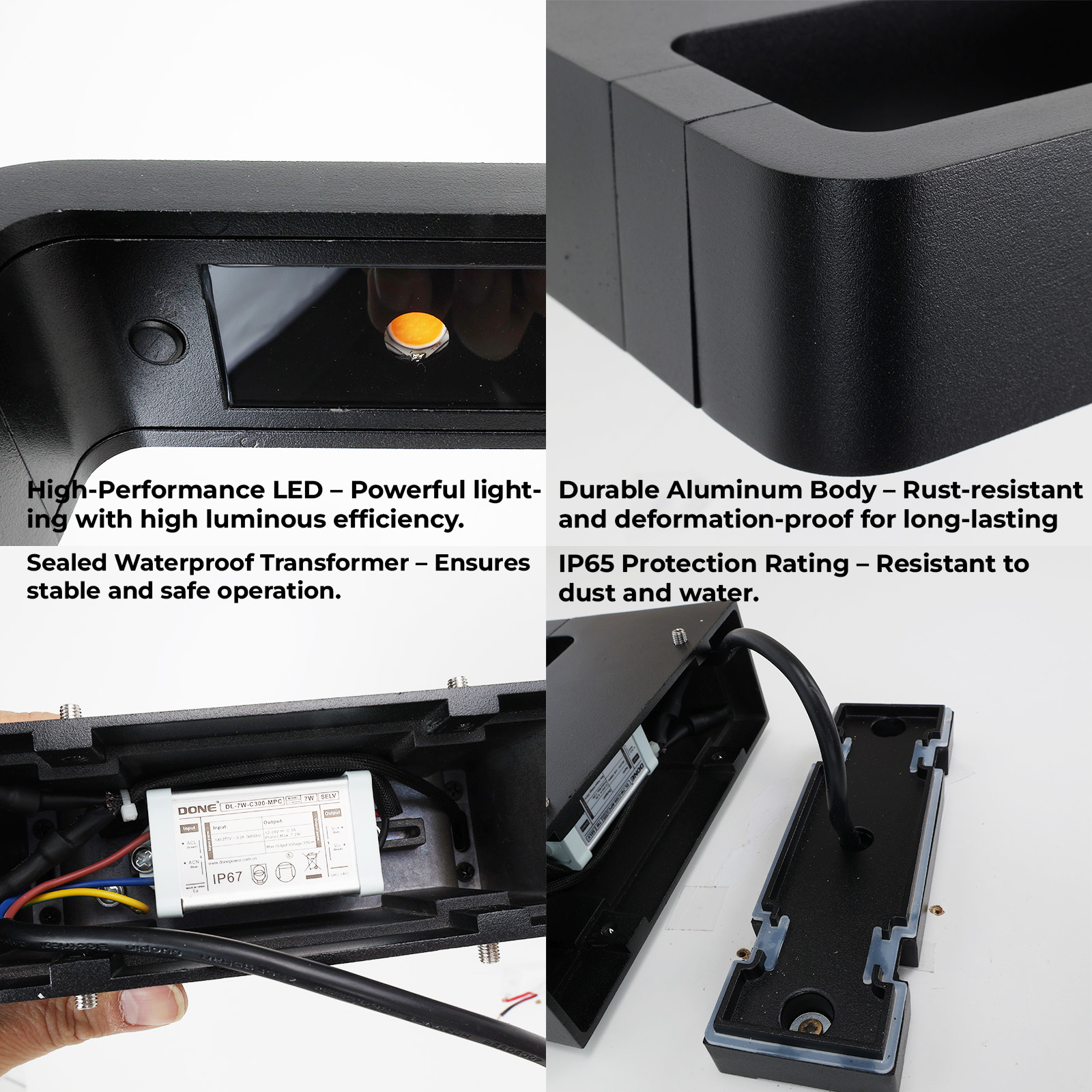 Imágenes de primer plano de una lámpara de pared negra que muestran el rendimiento LED, el transformador impermeable y la clasificación de protección IP65.