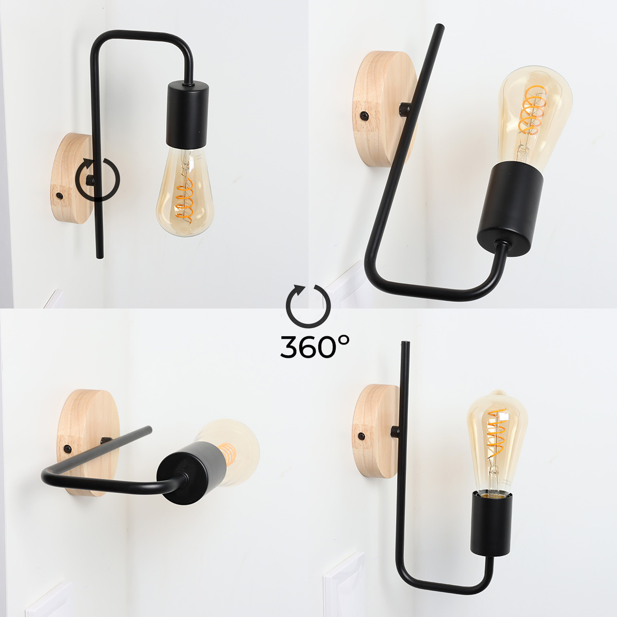 Cuatro vistas de una lámpara de pared con base de madera y brazo de metal negro que sujeta una bombilla. Icono 360°.
