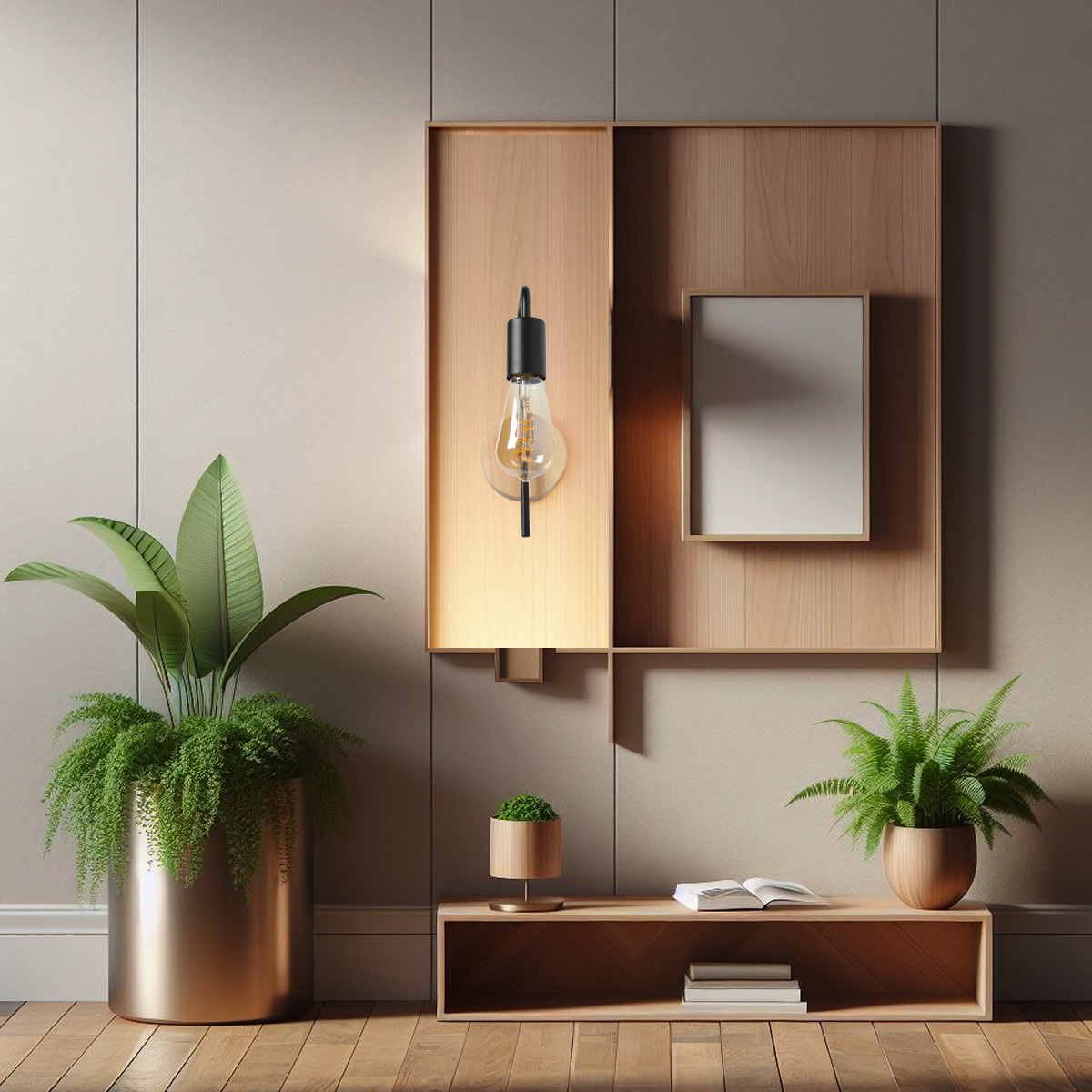 Escena interior con lámpara de pared con bombilla, panel de madera, arte enmarcado, banco con libros y planta en maceta.