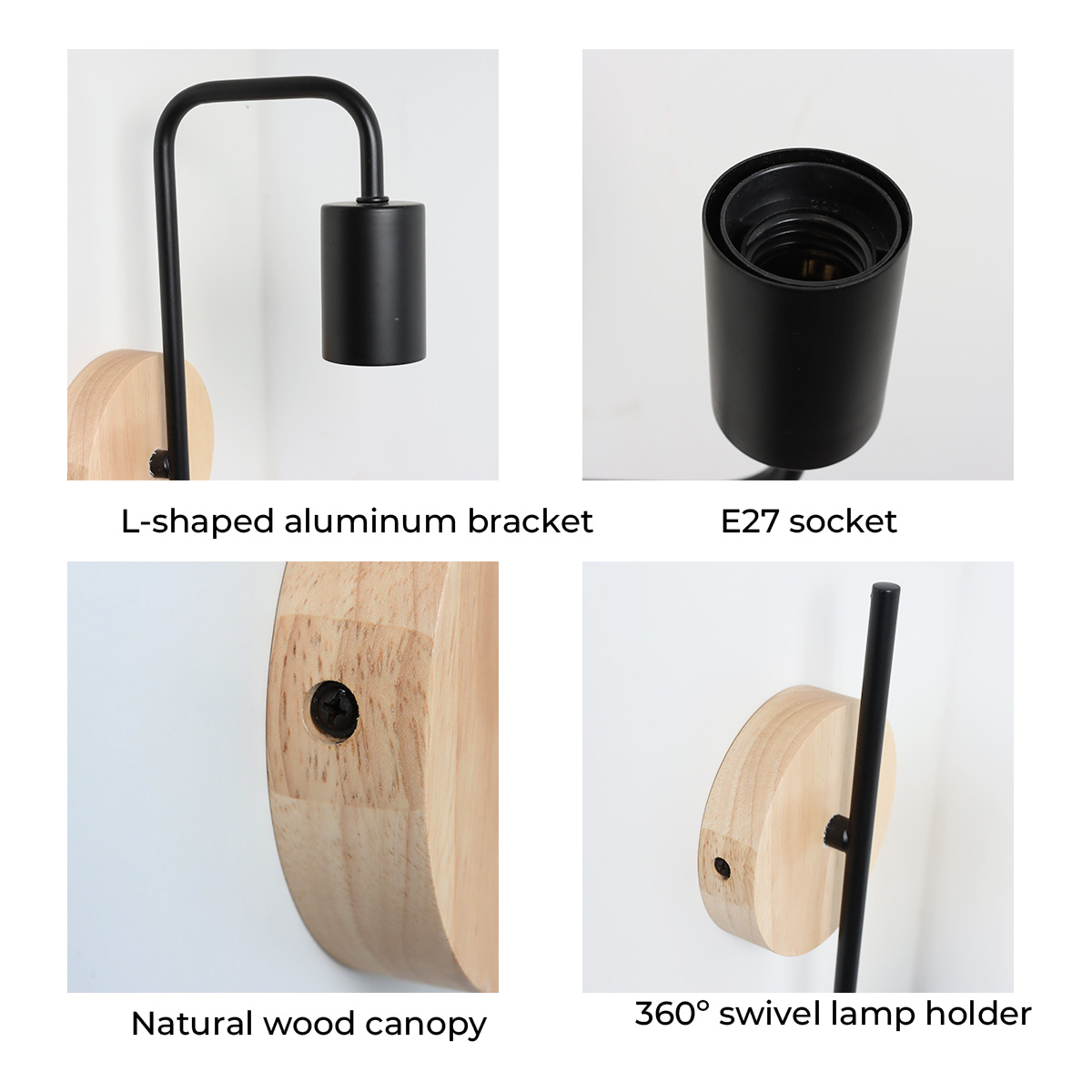 Cuatro imágenes detalladas de una lámpara de pared con soporte de aluminio en forma de L, casquillo E27, dosel de madera y soporte giratorio.