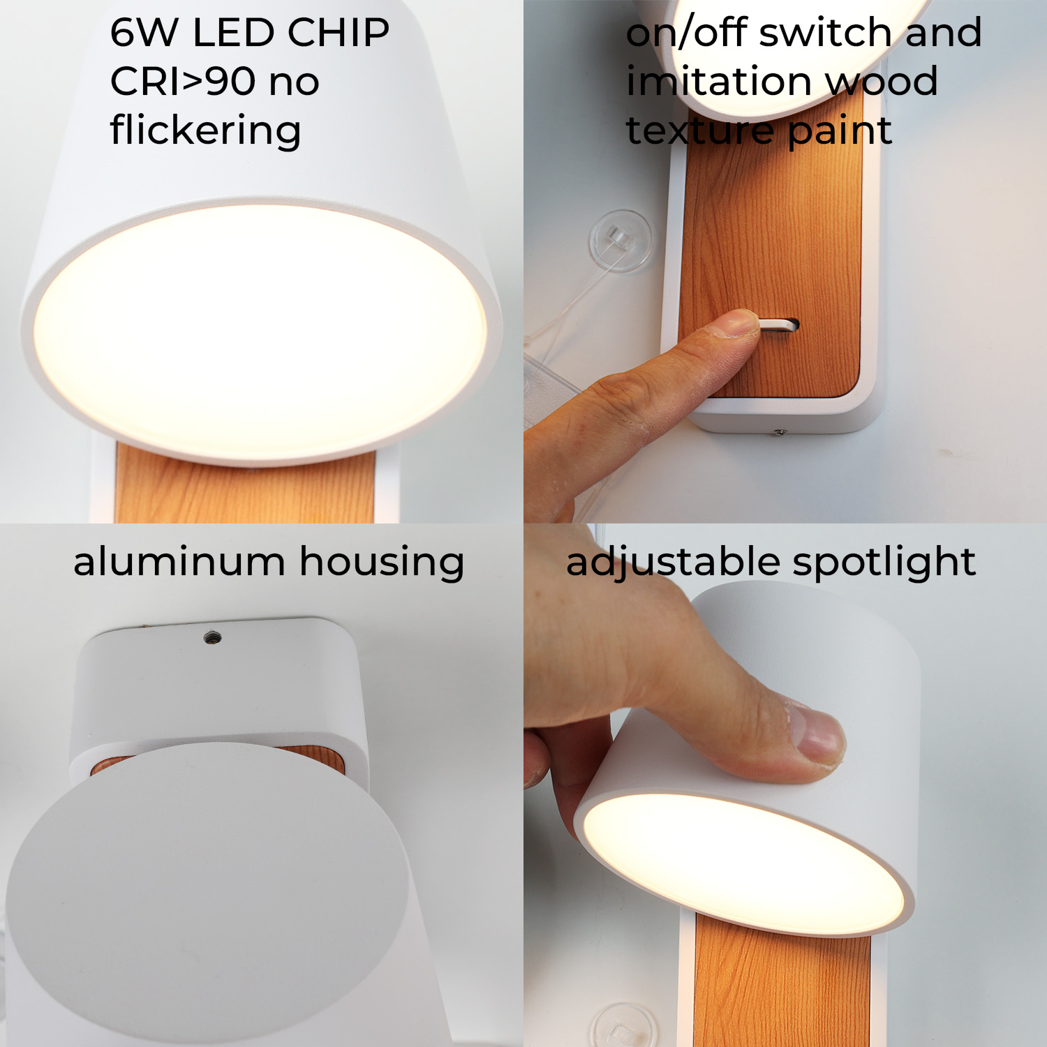 Imagen con detalles de una lámpara de pared: chip LED, interruptor de encendido/apagado, carcasa de aluminio, foco ajustable.