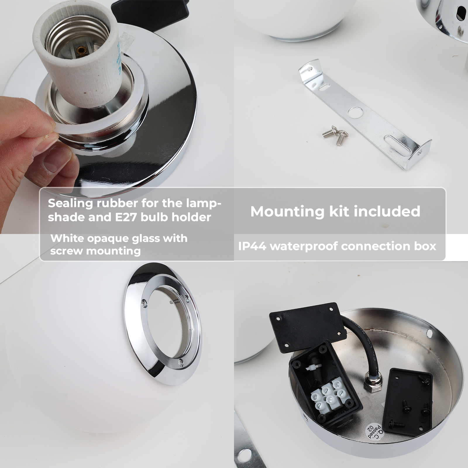 Imagen que muestra las partes de una lámpara de pared: goma de sellado, kit de montaje y caja de conexión impermeable.