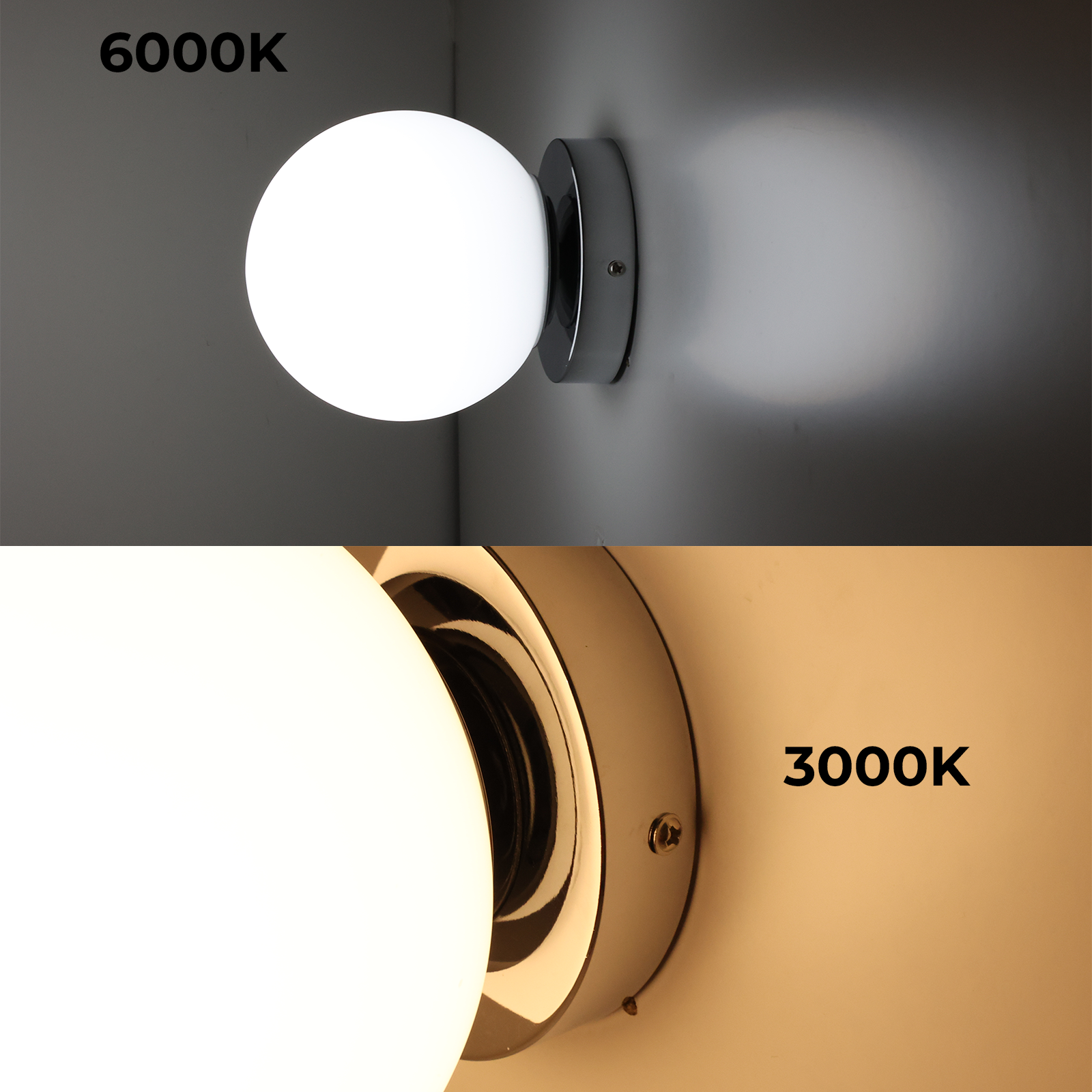 Dos imágenes de una lámpara de pared que muestran diferentes temperaturas de luz: 6000K (blanco) y 3000K (cálido).