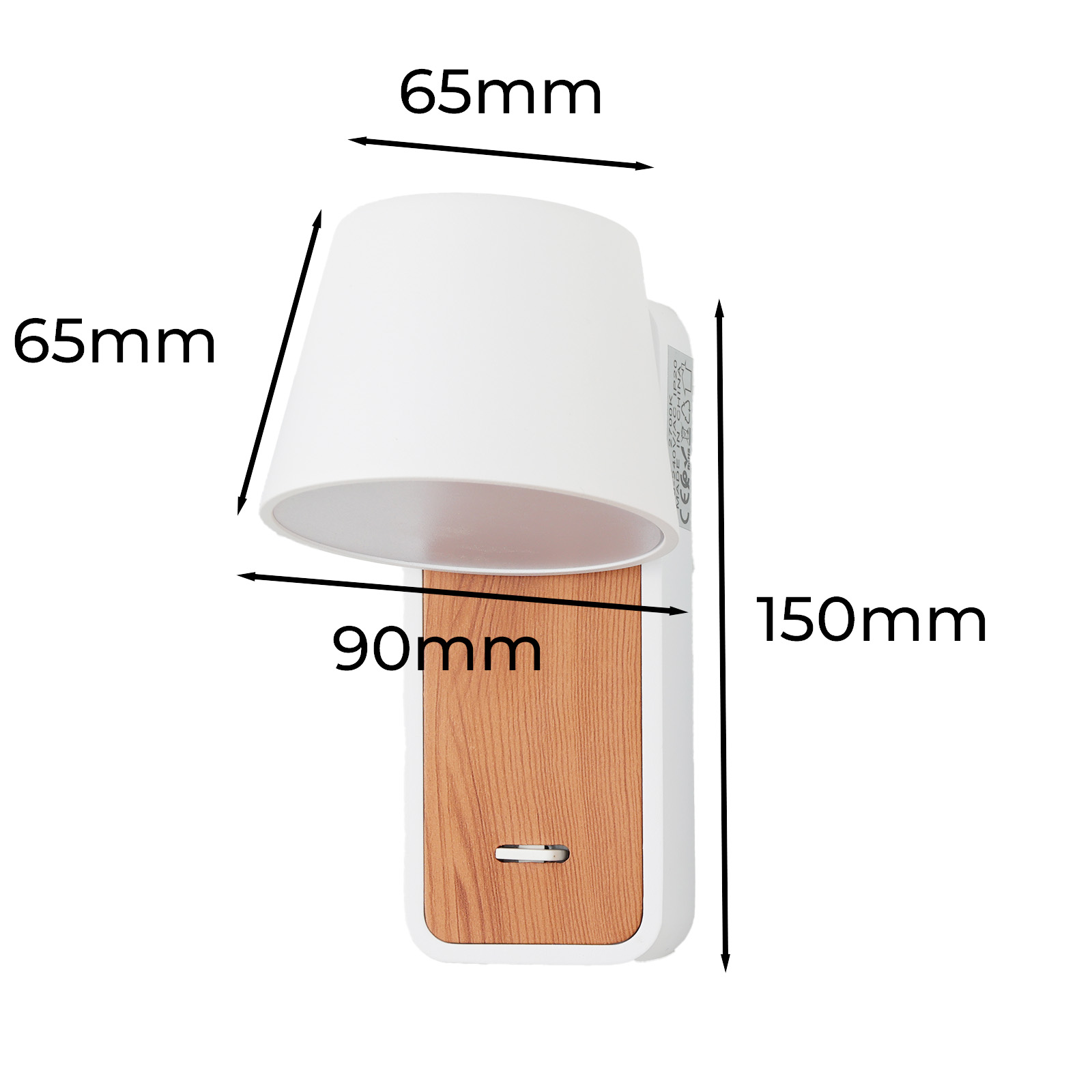 Diagrama que muestra las dimensiones de una lámpara blanca con base de madera: 65 mm, 90 mm, 150 mm.