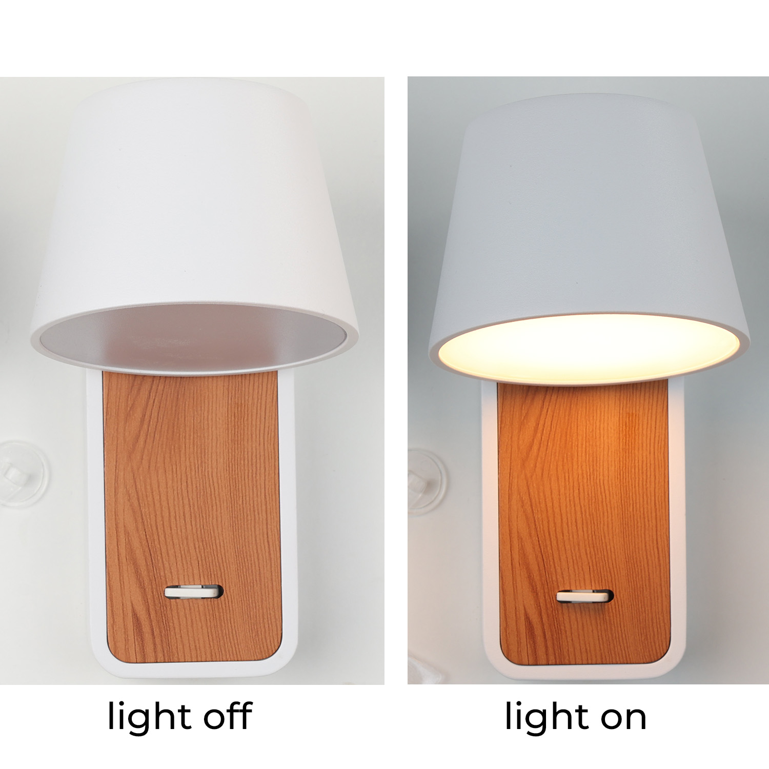Dos imágenes de una lámpara de pared: luz apagada con pantalla blanca y base de madera, luz encendida, mismo diseño.