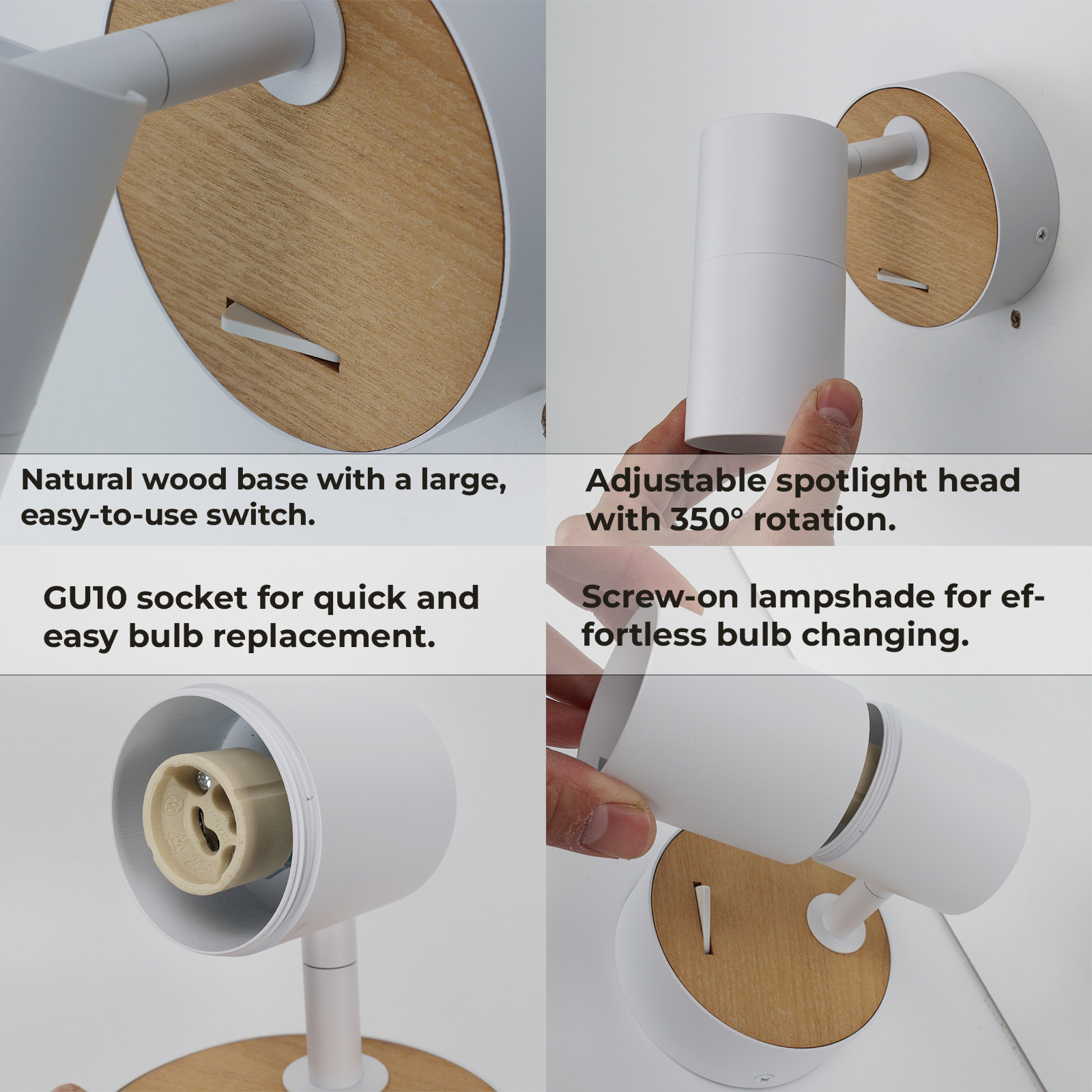 Cuatro imágenes que muestran características de la lámpara: base de madera, interruptor, foco ajustable y cambio fácil de bombilla.