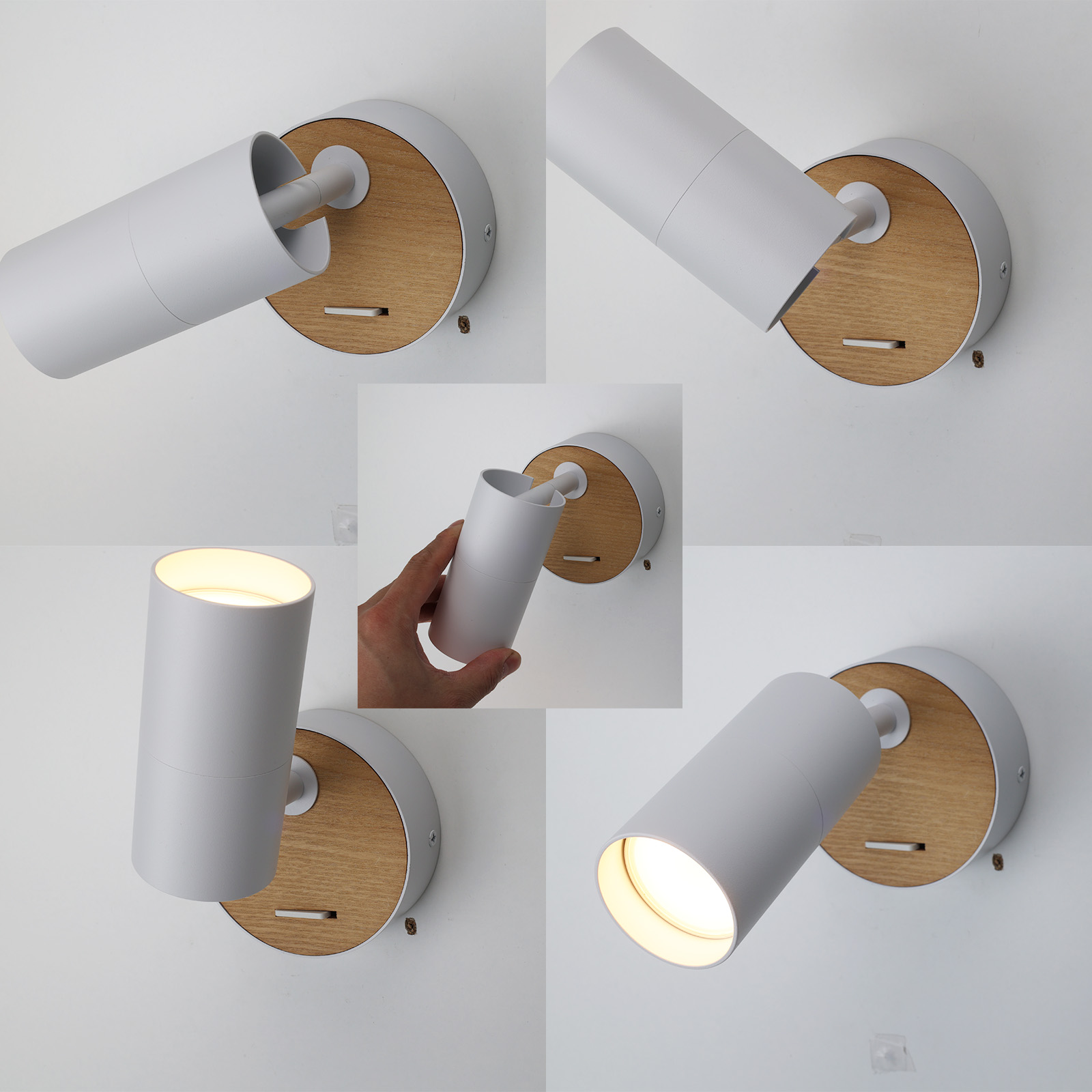 Múltiples vistas de una lámpara de pared blanca y con tonos de madera. La lámpara tiene un cabezal cilíndrico ajustable y una base circular.