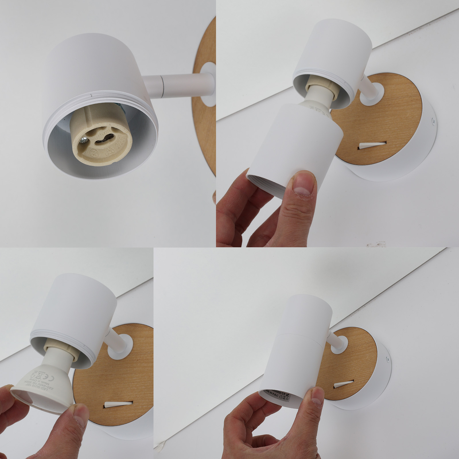 Imágenes que muestran los pasos de instalación de una lámpara de pared cilíndrica blanca con base de madera. Una mano está girando la bombilla.