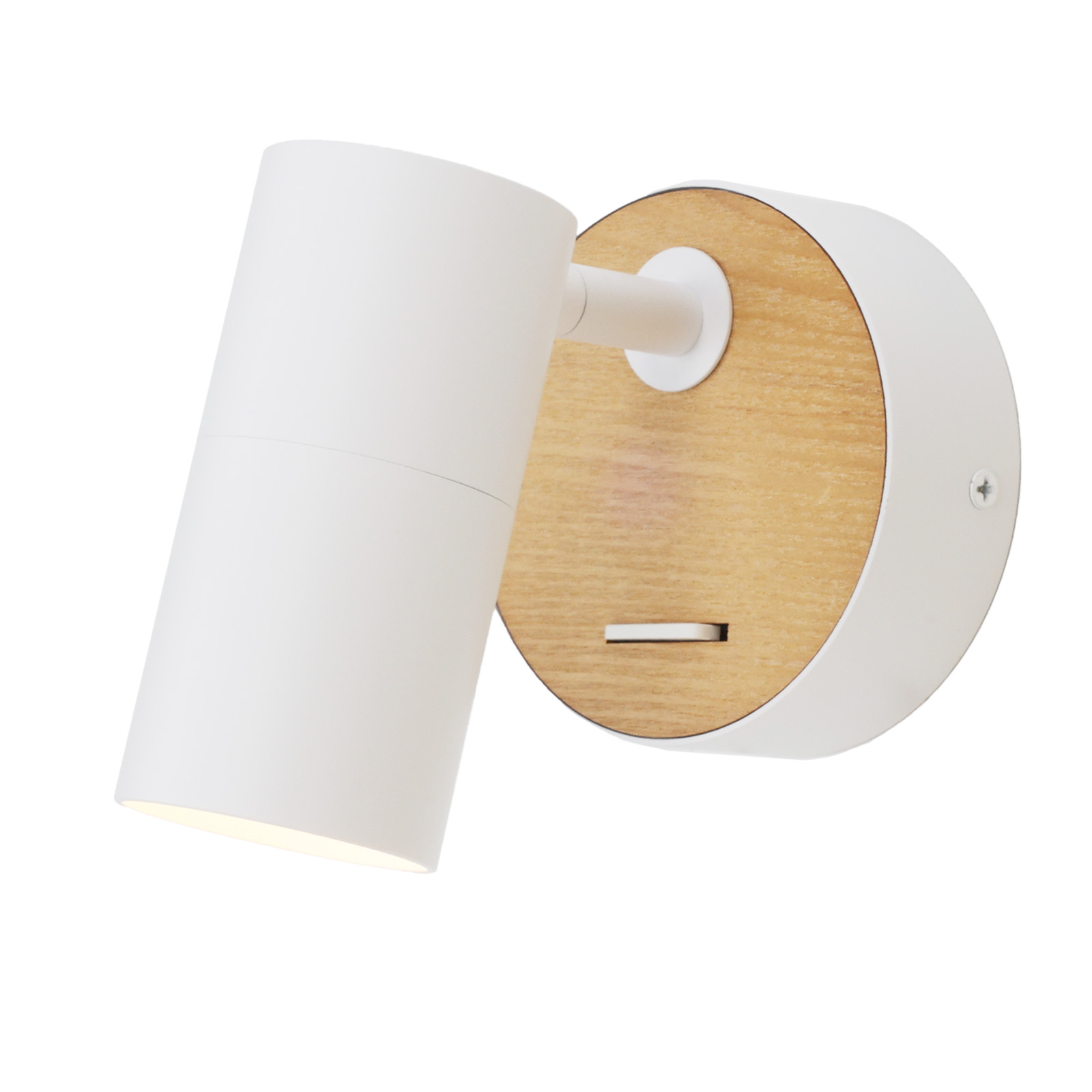 Una lámpara de pared de foco blanco con una base de madera. La lámpara está inclinada hacia la izquierda.