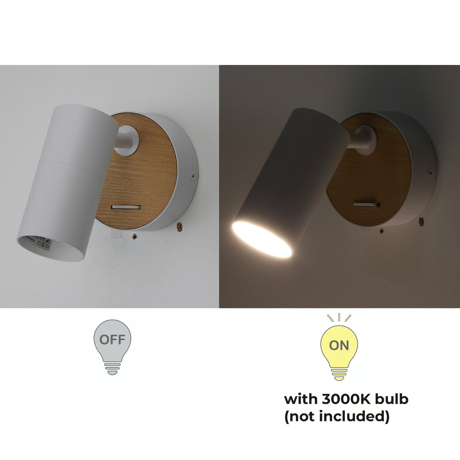 Dos imágenes de una lámpara de pared blanca y con tonos de madera. Una está apagada, la otra encendida. La bombilla es de 3000K (no incluida).
