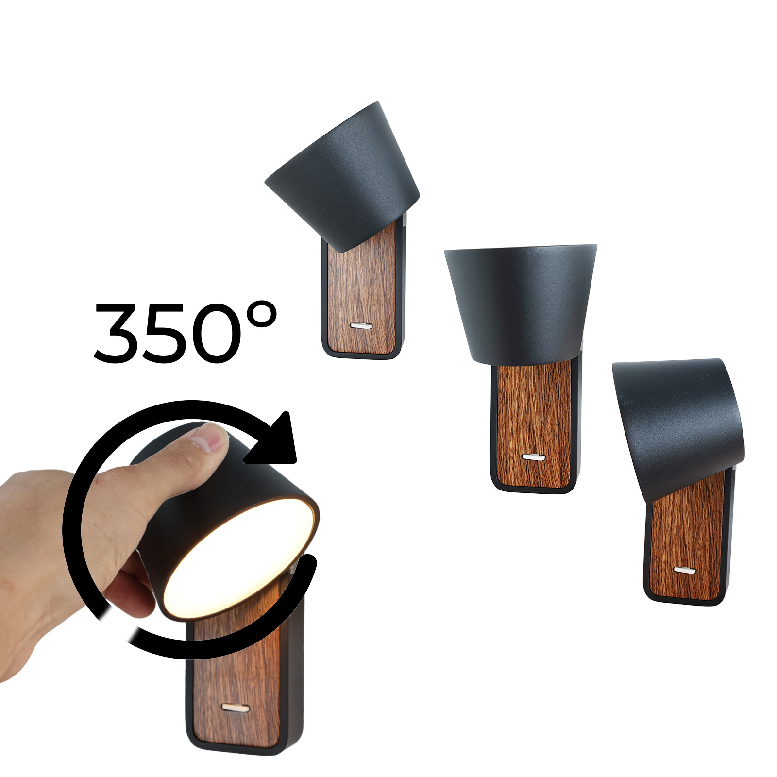 Tres lámparas de pared negras con base de madera. Una se gira con una mano, mostrando una rotación de 350°.