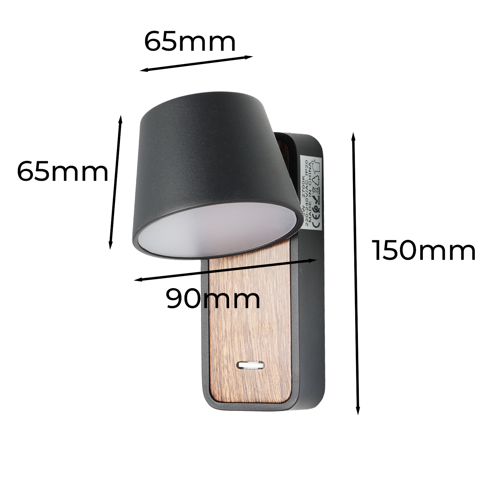 Una lámpara de noche negra con pantalla negra y panel de madera, con dimensiones en mm.