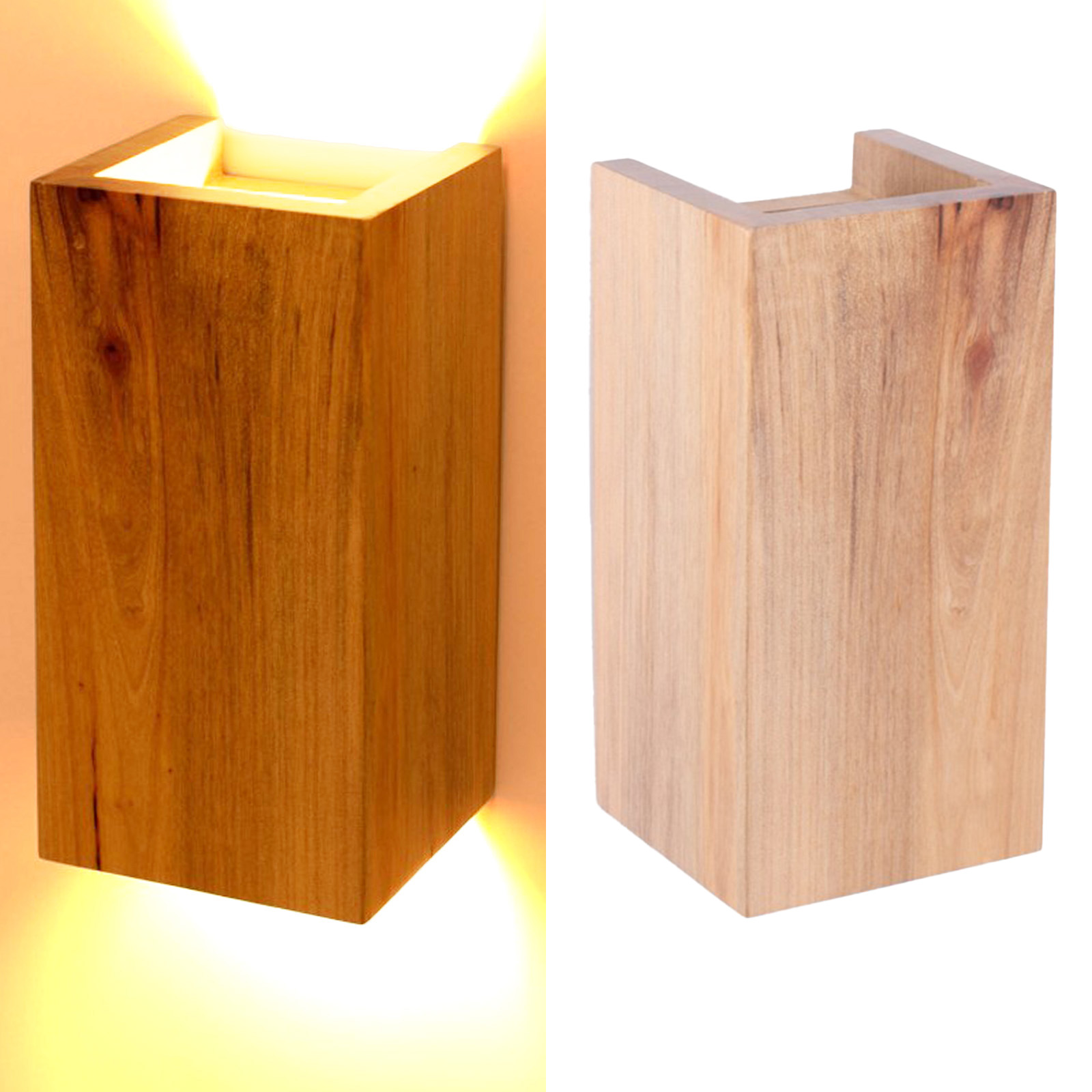 Dos lámparas de pared de bloques de madera. Una encendida, otra apagada. Están en un estudio.
