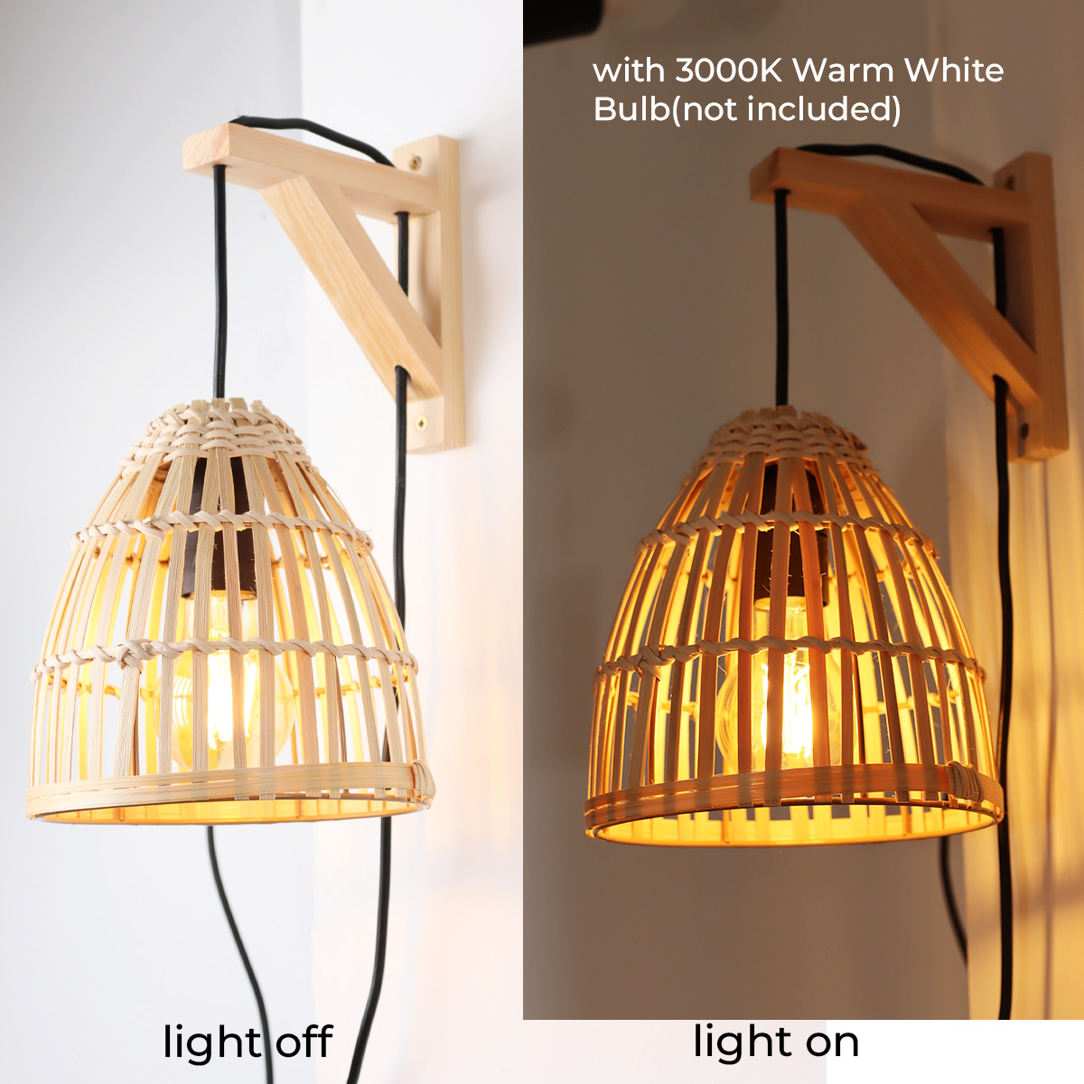 Dos imágenes: una lámpara de mimbre, luz apagada y luz encendida. Montaje de madera, cable negro y luz cálida visibles.