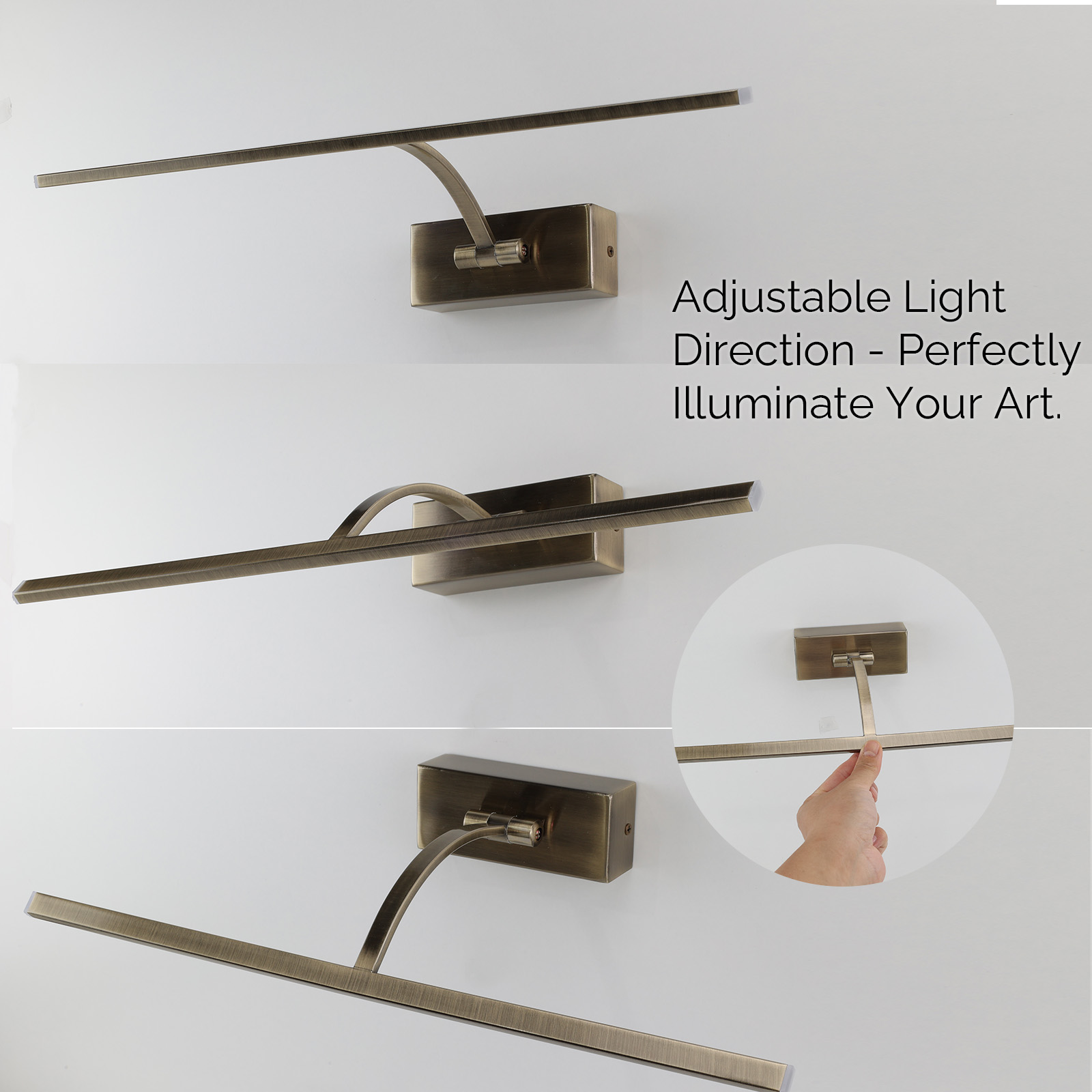 Imagen que muestra tres luces de arte montadas en la pared. Tienen un acabado bronce y dirección de luz ajustable.