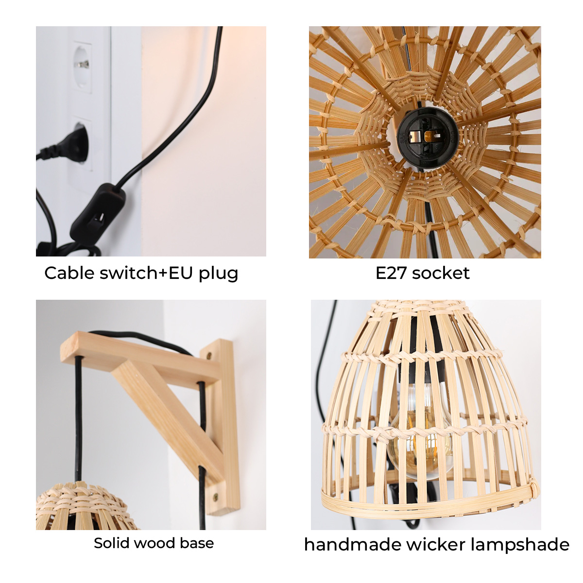 Primeros planos de una pantalla de lámpara de mimbre, una base de madera y un enchufe de la UE con interruptor de cable.
