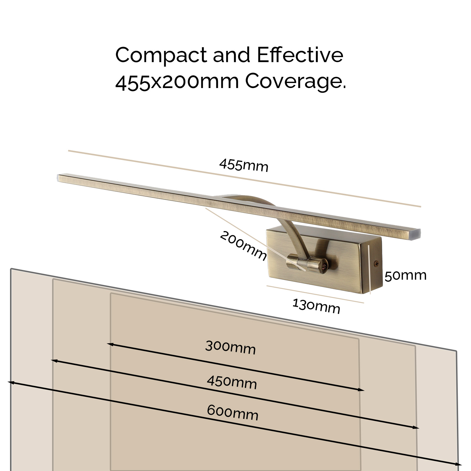 Imagen de una luz de arte con dimensiones etiquetadas. Muestra un acabado bronce y una base rectangular.