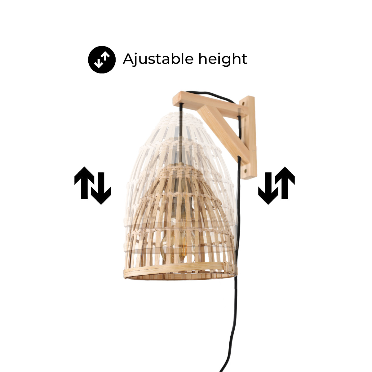 Una lámpara de mimbre de altura ajustable con montaje de madera y cable negro, que muestra flechas arriba y abajo.