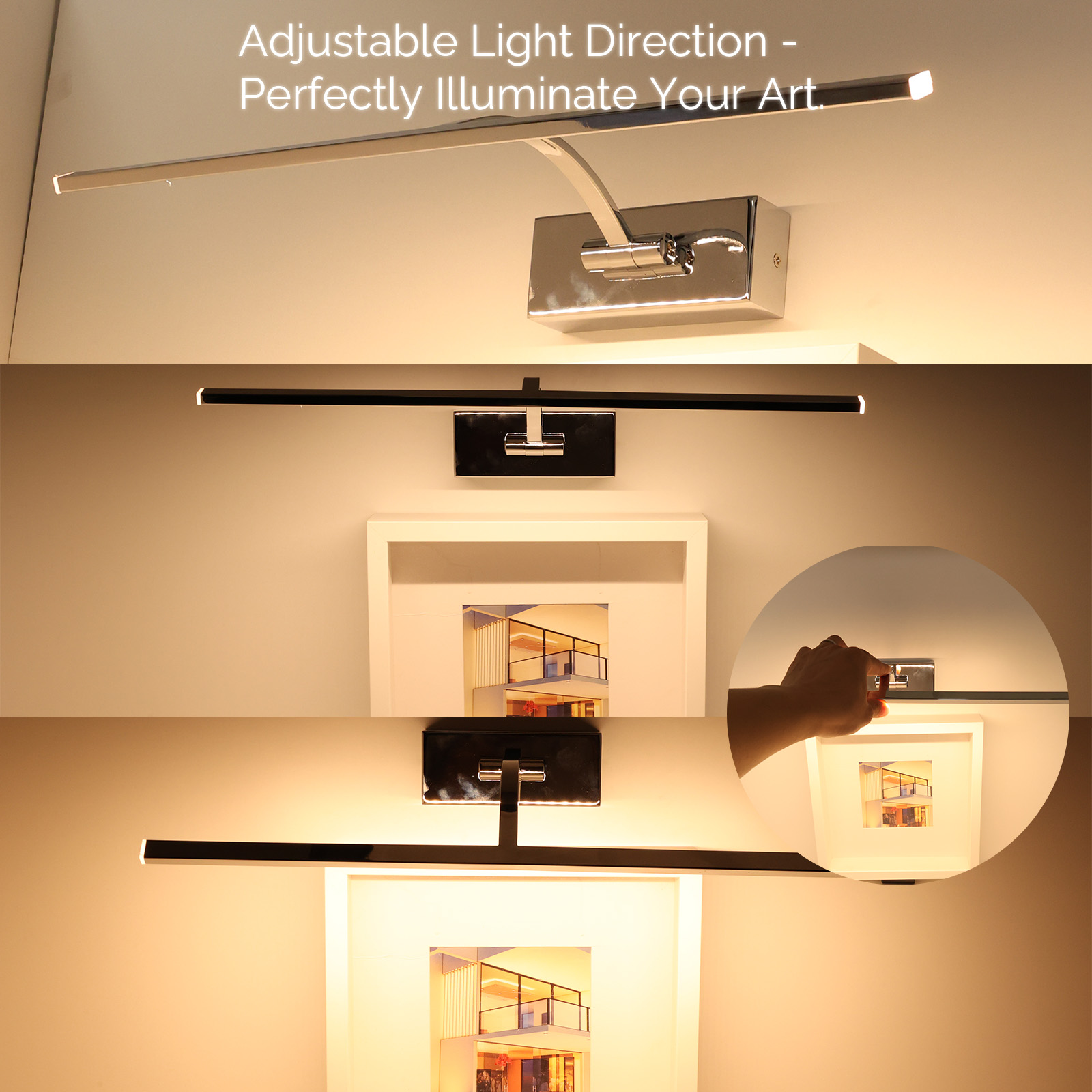 Una lámpara de pared con dirección de luz ajustable, que ilumina arte. La lámpara es plateada y el marco blanco.
