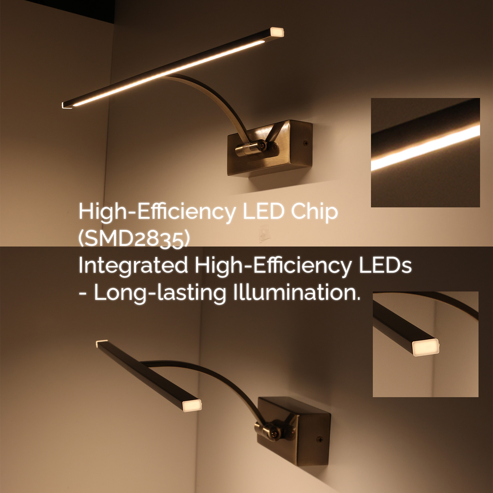Dos imágenes de luces de arte montadas en la pared, con detalles del chip LED. Tienen un acabado bronce.