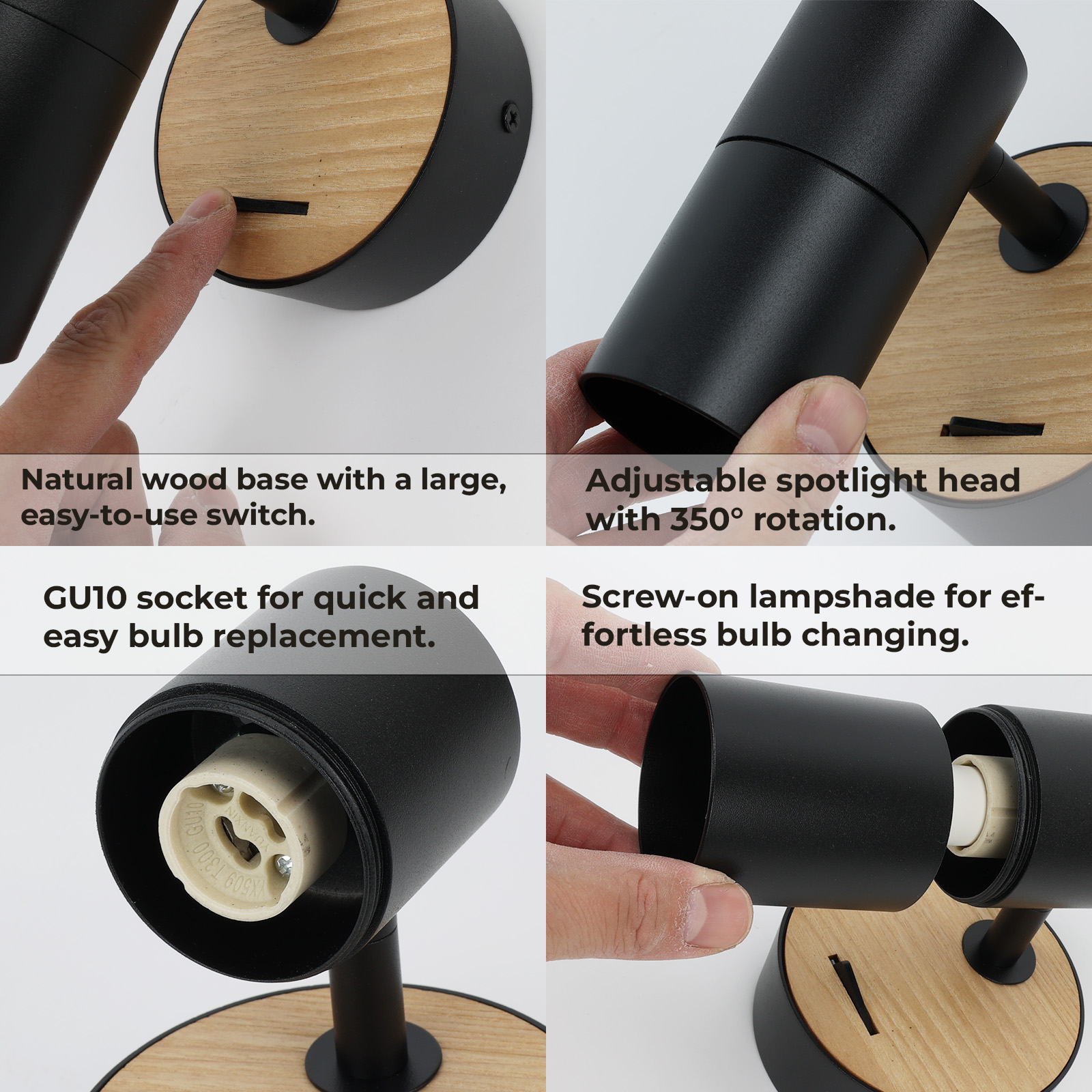 Primeros planos de un foco con base de madera. Los detalles incluyen interruptor, enchufe y cambio de bombilla.