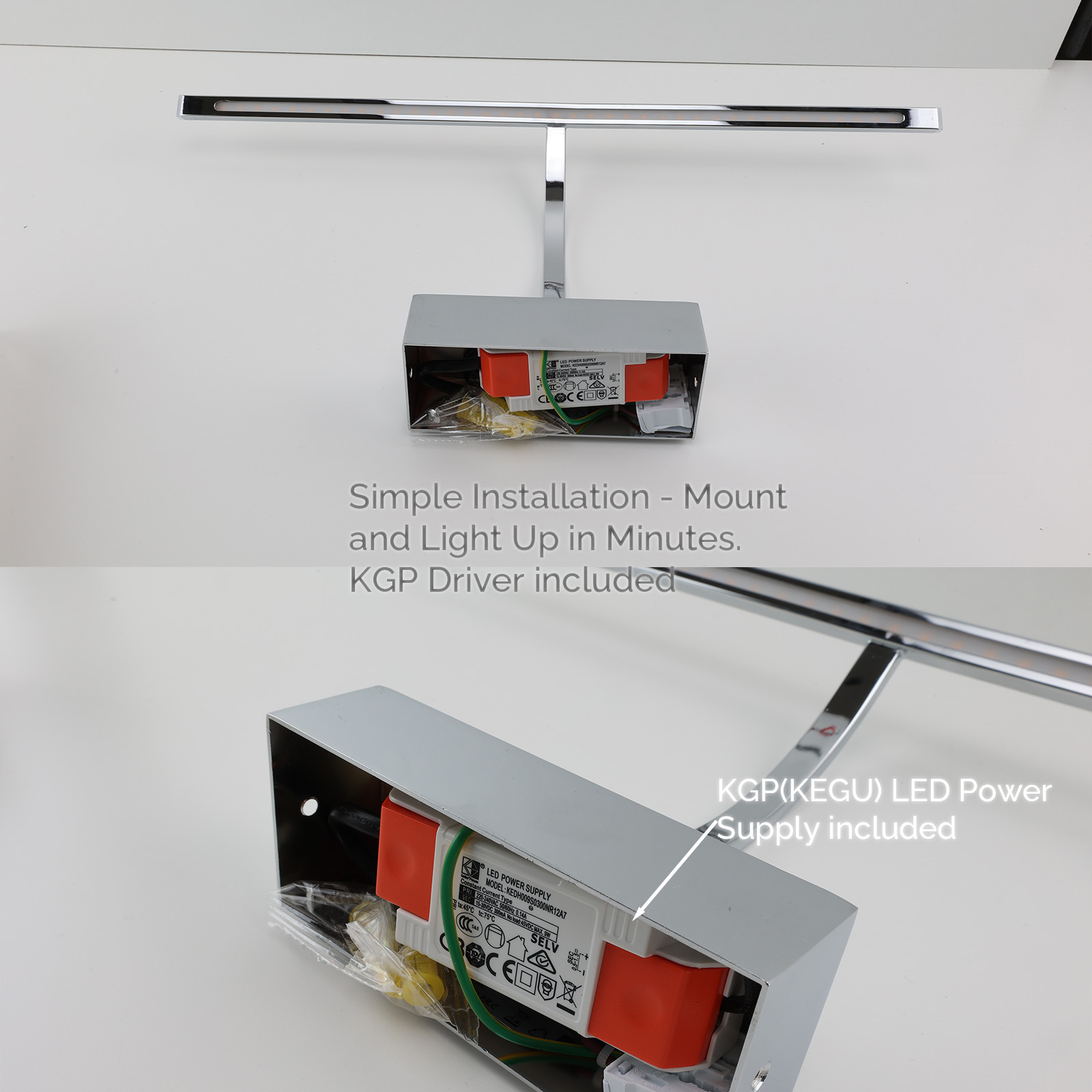 Imagen de una luz de arte con detalles de instalación. Tiene un acabado plateado y una base rectangular.