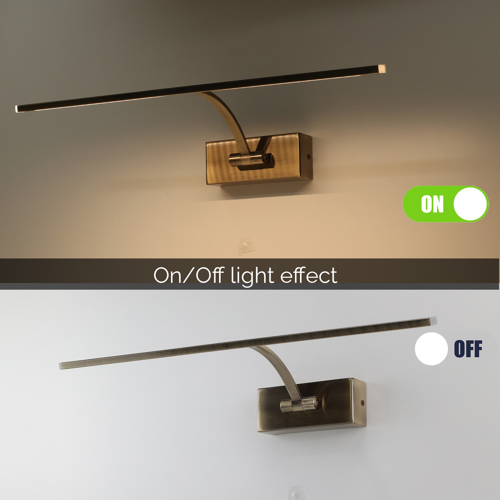 Una luz de arte, encendida y apagada. La luz es bronce y tiene una base rectangular. El interruptor es visible.