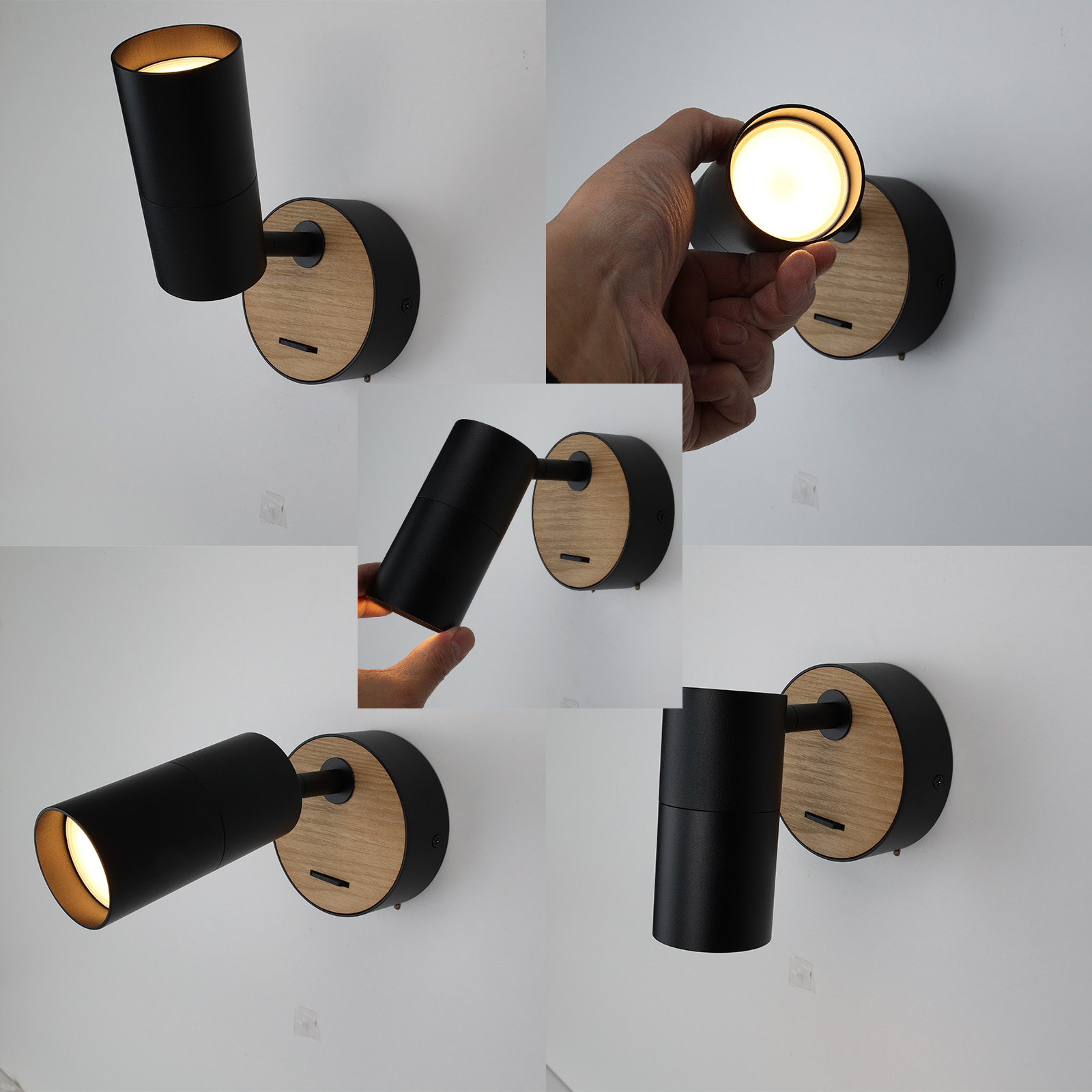 Foco negro sobre base de madera. Múltiples vistas muestran el ángulo de la luz y una mano ajustándolo.