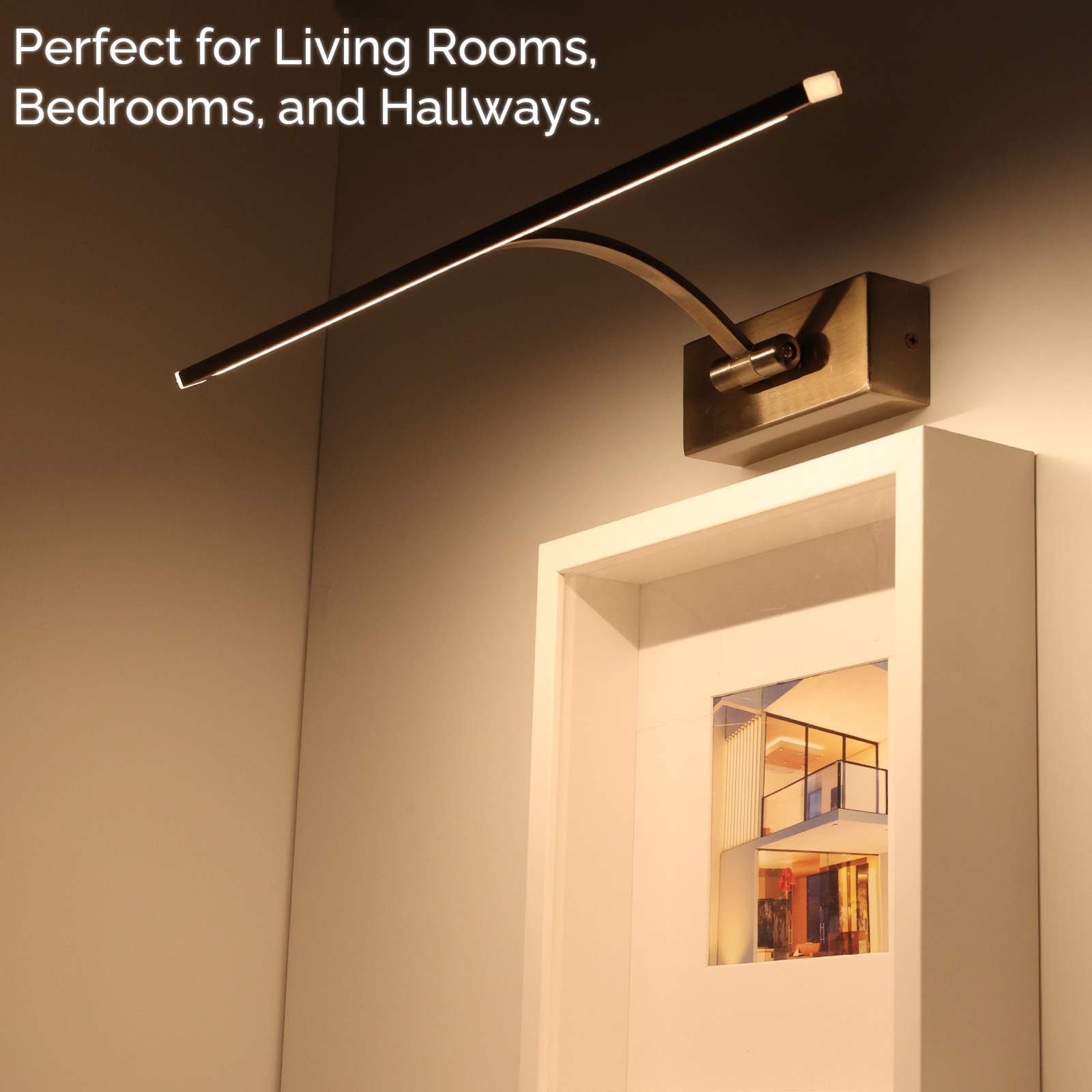 Una luz de pared para cuadros con brazo negro y marco rectangular. El texto dice: Perfecto para...