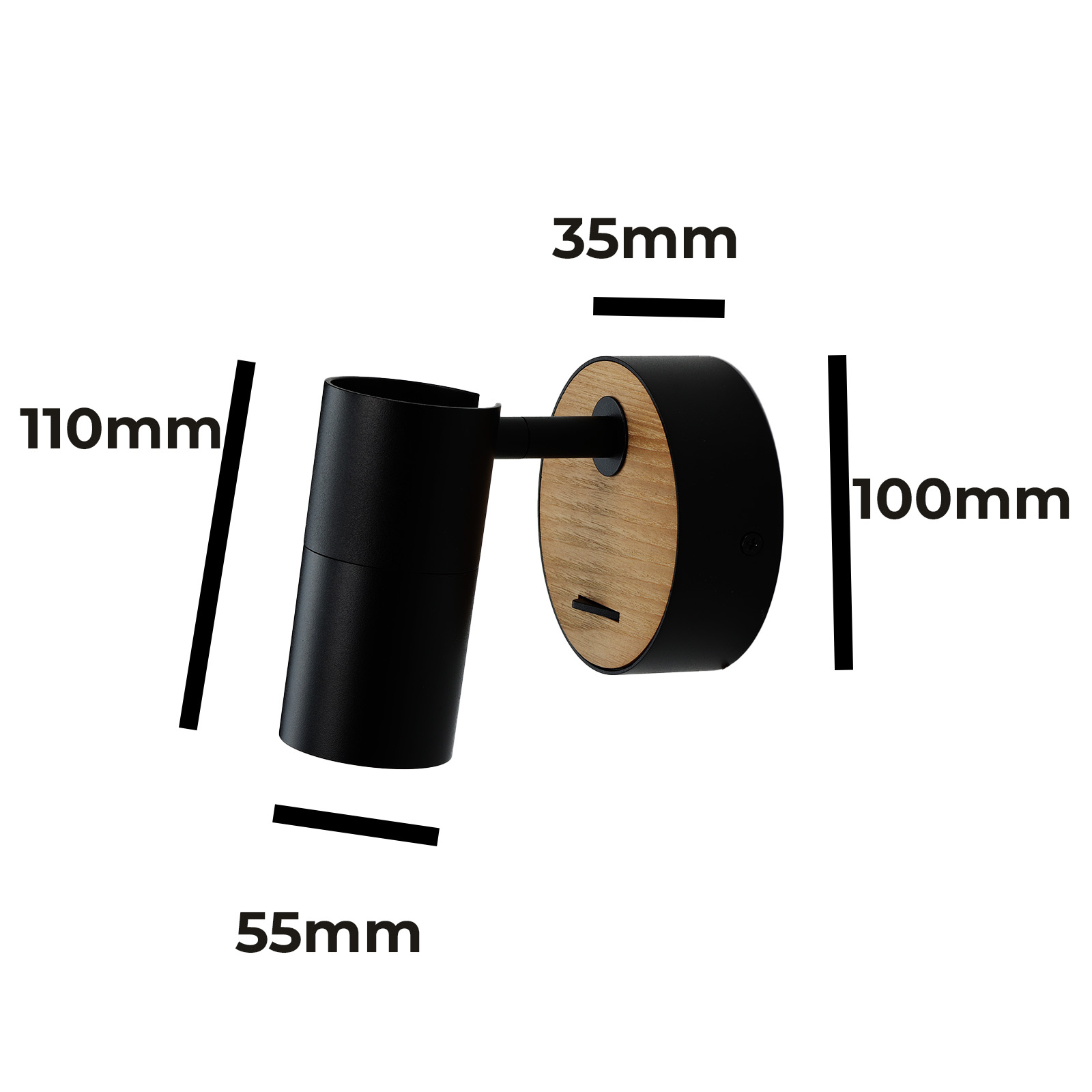 Lámpara negra y madera con dimensiones. 110 mm, 55 mm, 35 mm y 100 mm. La lámpara es blanca.